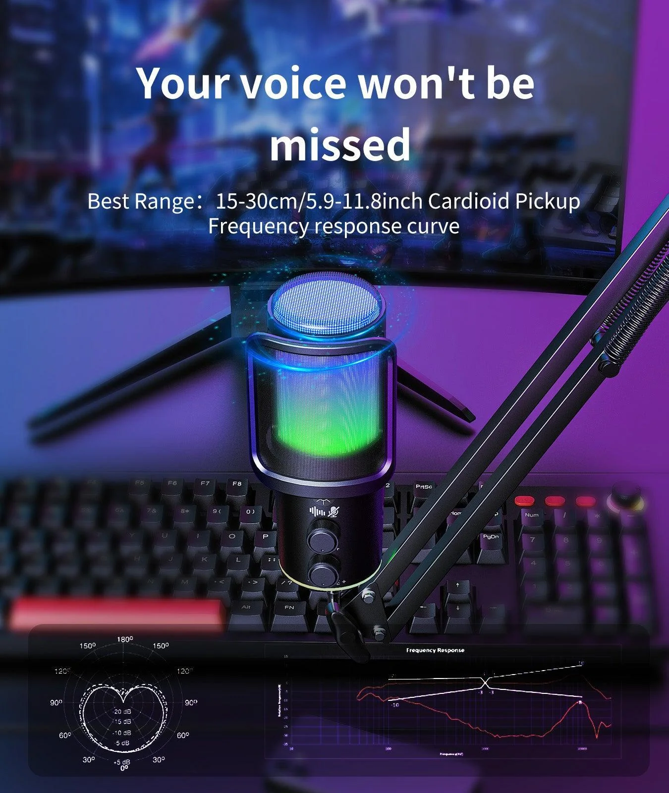 ONIKUMA M530 RGB Condenser USB Microphone with Multifunctional Knob & Monitoring - Image 3