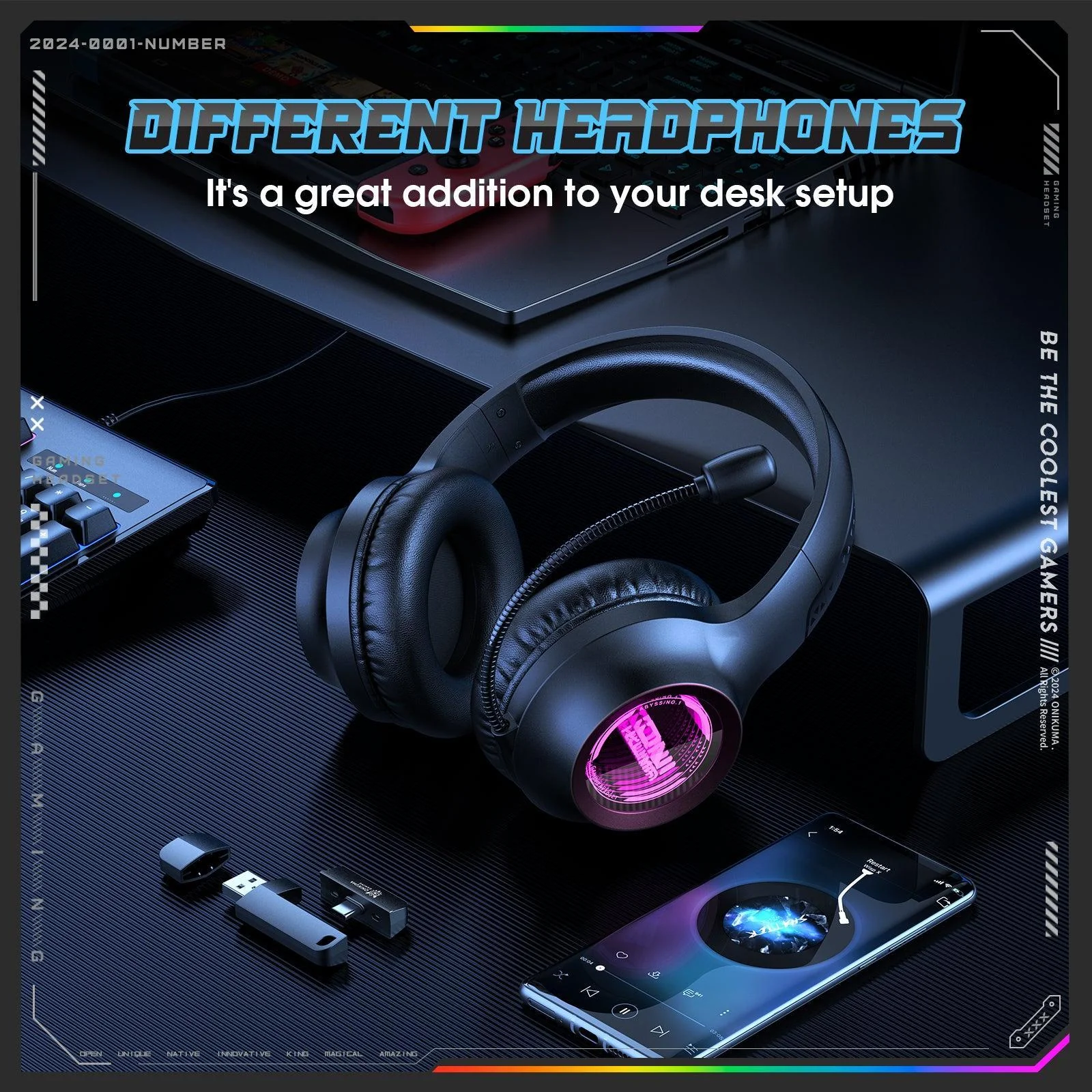 ONIKUMA GT818 RGB Gaming Headset with 20H Playtime - Bluetooth 5.4, 360° Mic & Tri-Mode Connectivity - Image 4