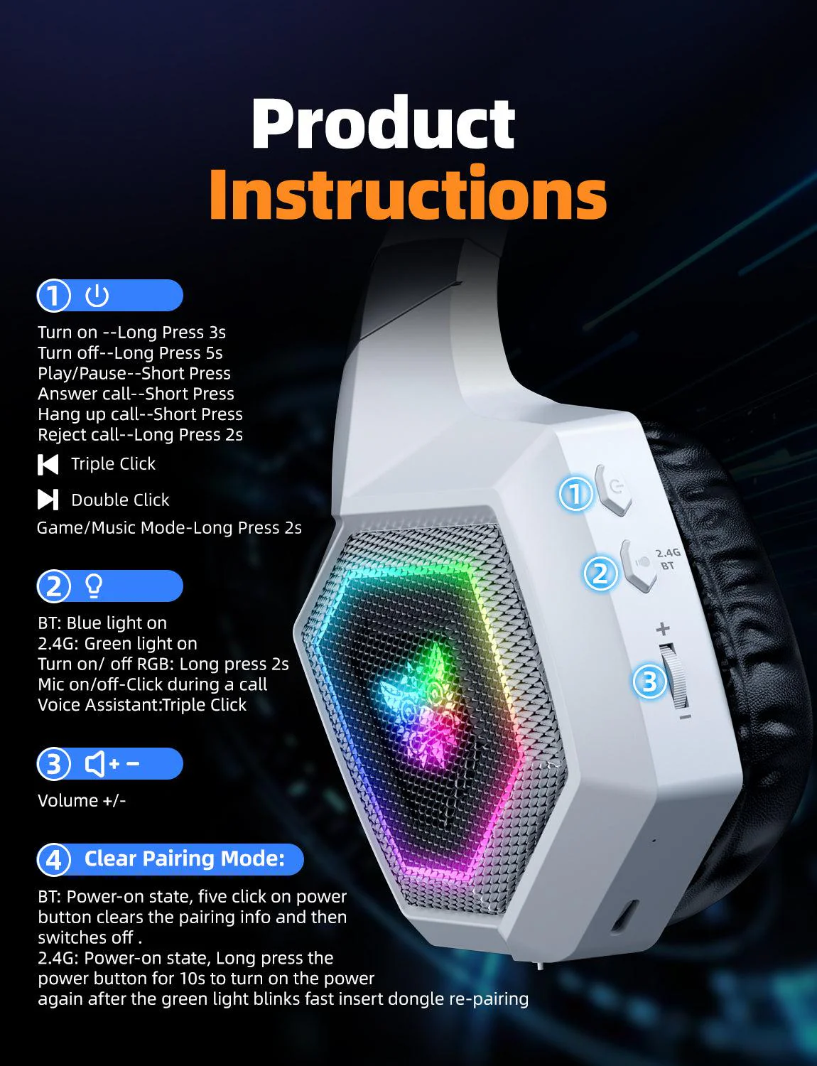 ONIKUMA GT806 Wireless Gaming Headset Headworn Bluetooth 2.4g Wireless Wired Three Mode Lightweight E-Sports Gamer Headphone - Image 13