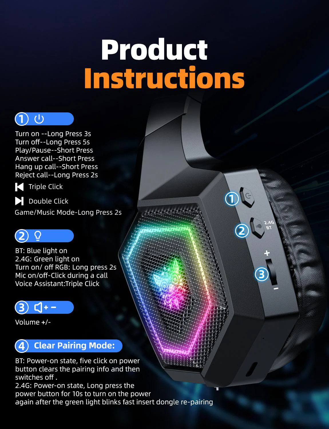 ONIKUMA GT806 Wireless Gaming Headset Headworn Bluetooth 2.4g Wireless Wired Three Mode Lightweight E-Sports Gamer Headphone - Image 5