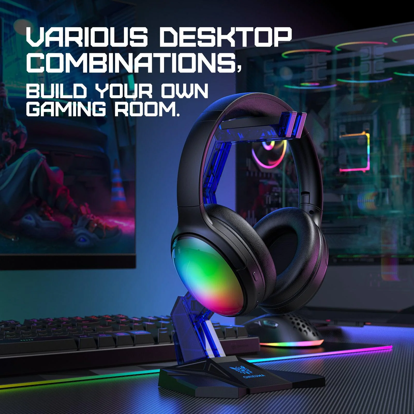 ONIKUMA B3 Wireless Bluetooth Headphones with ANC Microphone, Rainbow RGB Lights Effect Lightweight Foldable Over-Ear Headphones with Music & Game Mode, 45H Plays for Travel Home Office, Hands-Free Clear Calls - Image 7