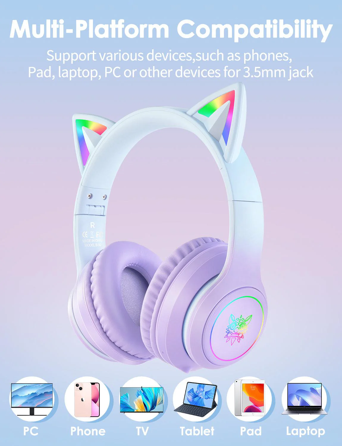 Onikuma B90 RGB Cat Ear Bluetooth 5.0 Wireless Gaming Headset - Image 12