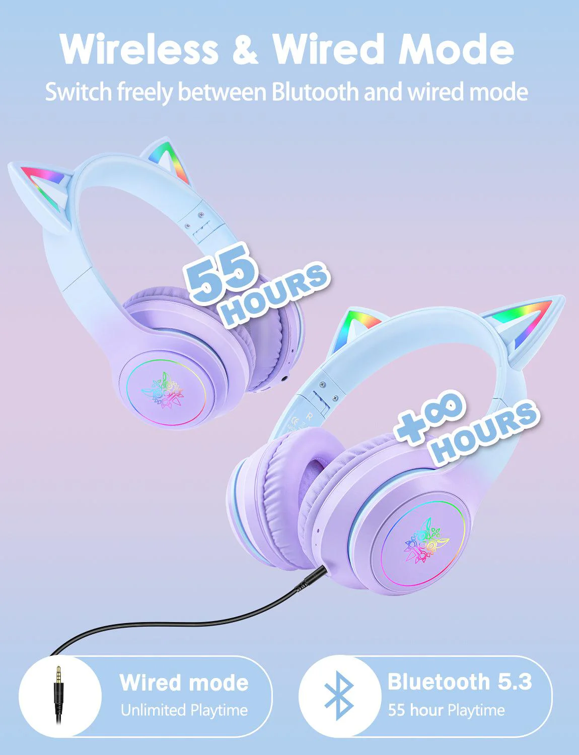 Onikuma B90 RGB Cat Ear Bluetooth 5.0 Wireless Gaming Headset - Image 16