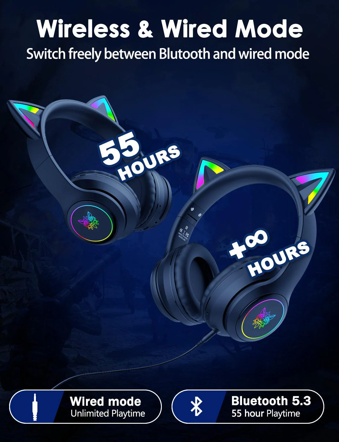 Onikuma B90 RGB Cat Ear Bluetooth 5.0 Wireless Gaming Headset - Image 7