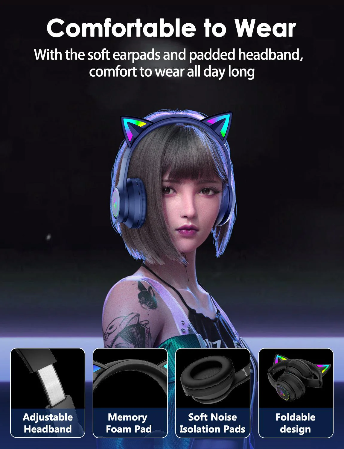 Onikuma B90 RGB Cat Ear Bluetooth 5.0 Wireless Gaming Headset - Image 8