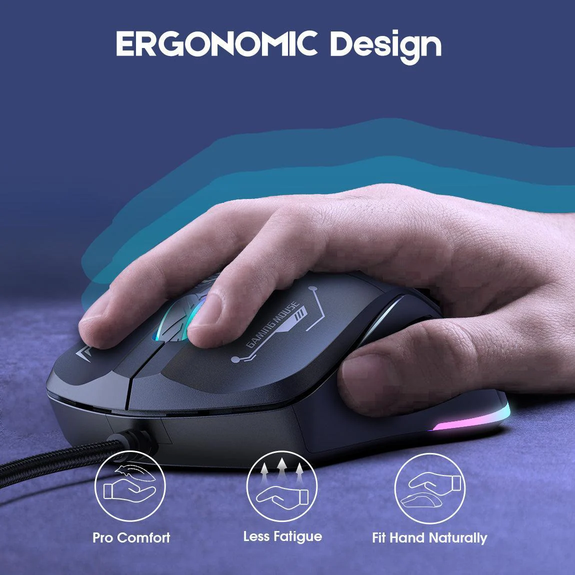 Onikuma CW917 Wired Gaming Mouse, PC Computer Mice USB Mouse with RGB Modes, 4 Adjustable DPI Up to 3600, 6 Buttons Ergonomic Optical Mouse for Windows PC Mac Laptop Gamer - Image 6