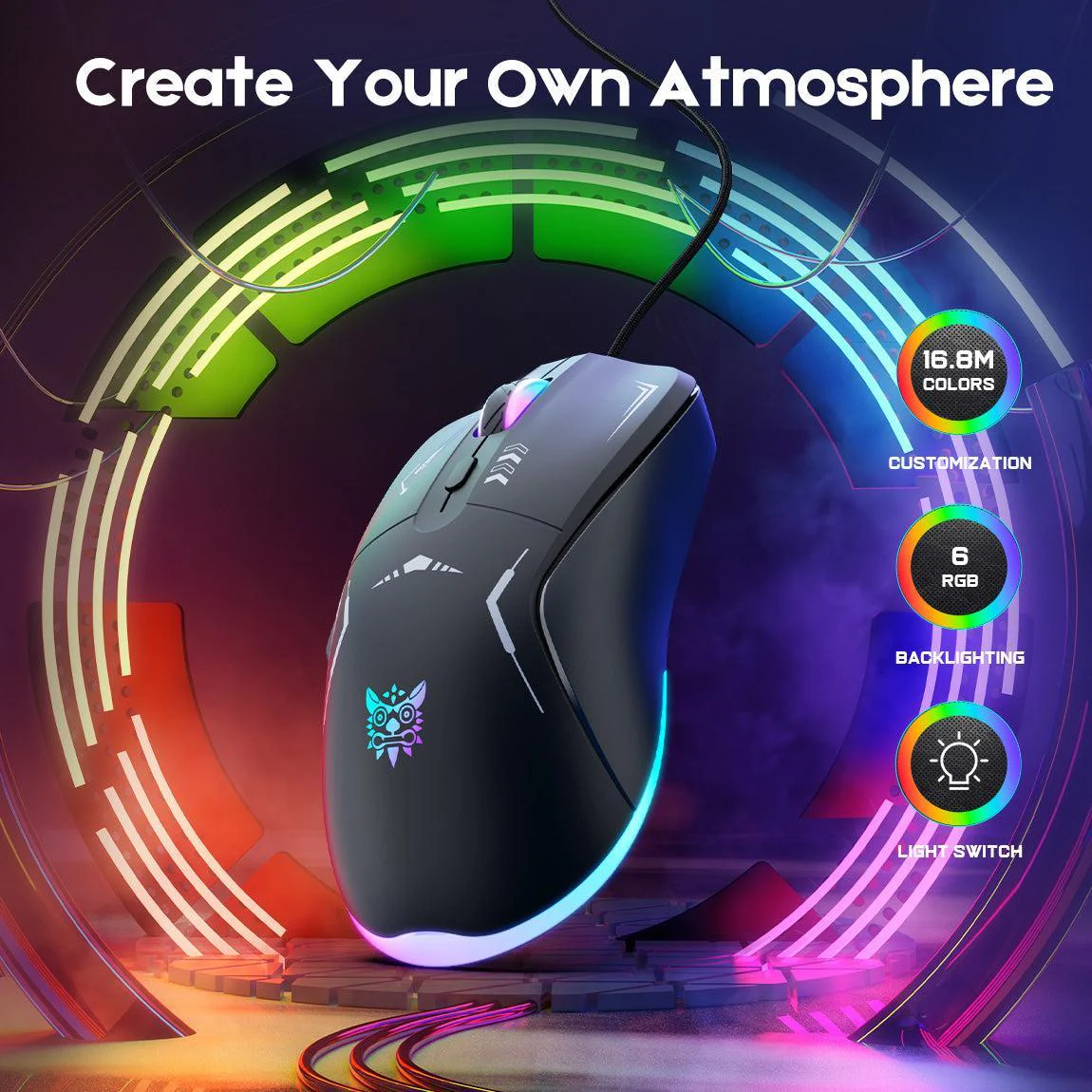 Onikuma CW917 Wired Gaming Mouse, PC Computer Mice USB Mouse with RGB Modes, 4 Adjustable DPI Up to 3600, 6 Buttons Ergonomic Optical Mouse for Windows PC Mac Laptop Gamer - Image 7