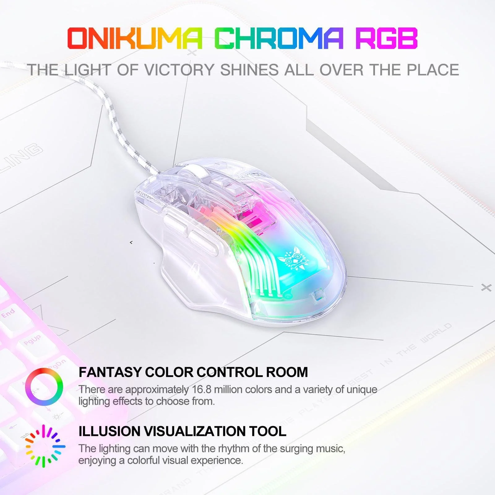 ONIKUMA CW923 Wired RGB Gaming Mouse, 12800 DPI Esports PC Mice for Laptop, Full Body Transparent Design - Image 3