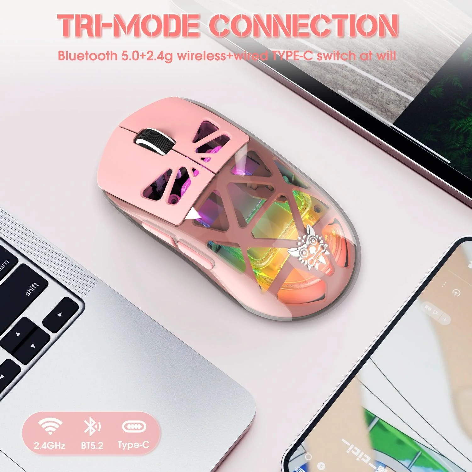 ONIKUMA CW930 Tri-Mode Wireless Gaming Mouse with RGB Lighting & 500mAH Battery - Image 7