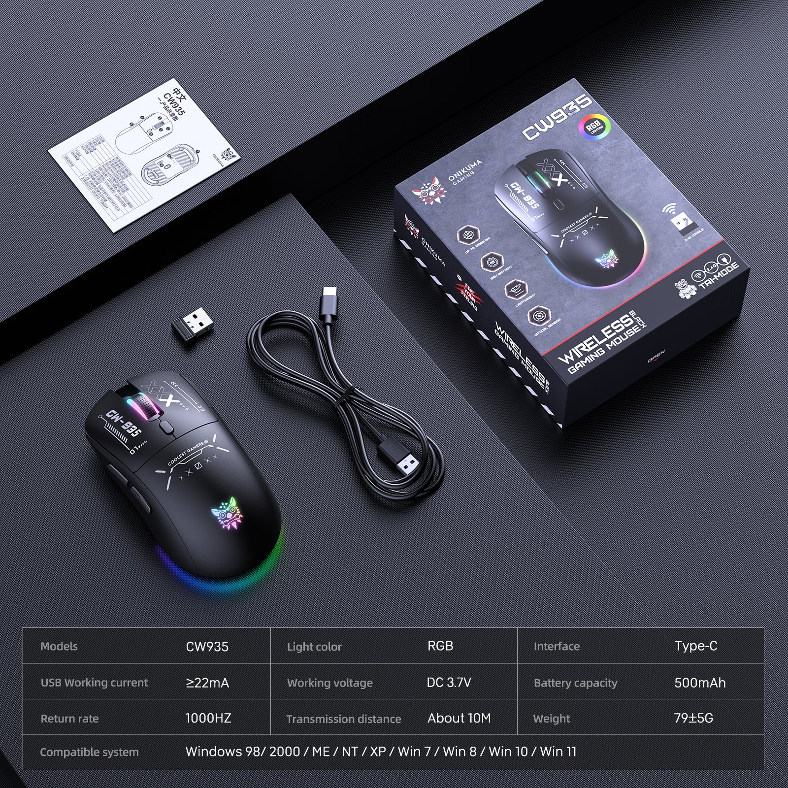 ONIKUMA CW935 Triple-Mode Ergonomic Wireless Gaming Mouse with 6 DPI Settings & Hidden Receiver - Image 6