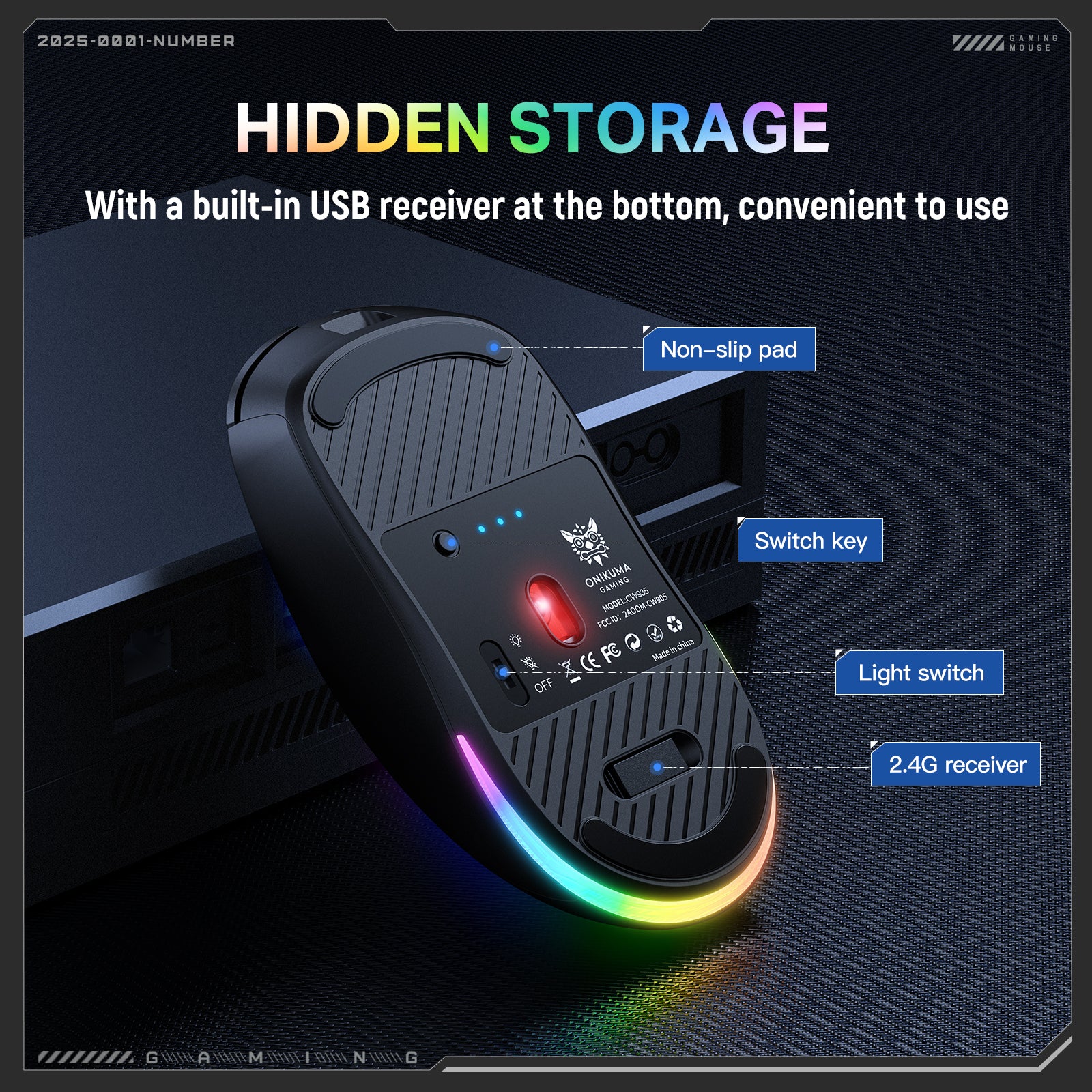 ONIKUMA CW935 Triple-Mode Ergonomic Wireless Gaming Mouse with 6 DPI Settings & Hidden Receiver - Image 7