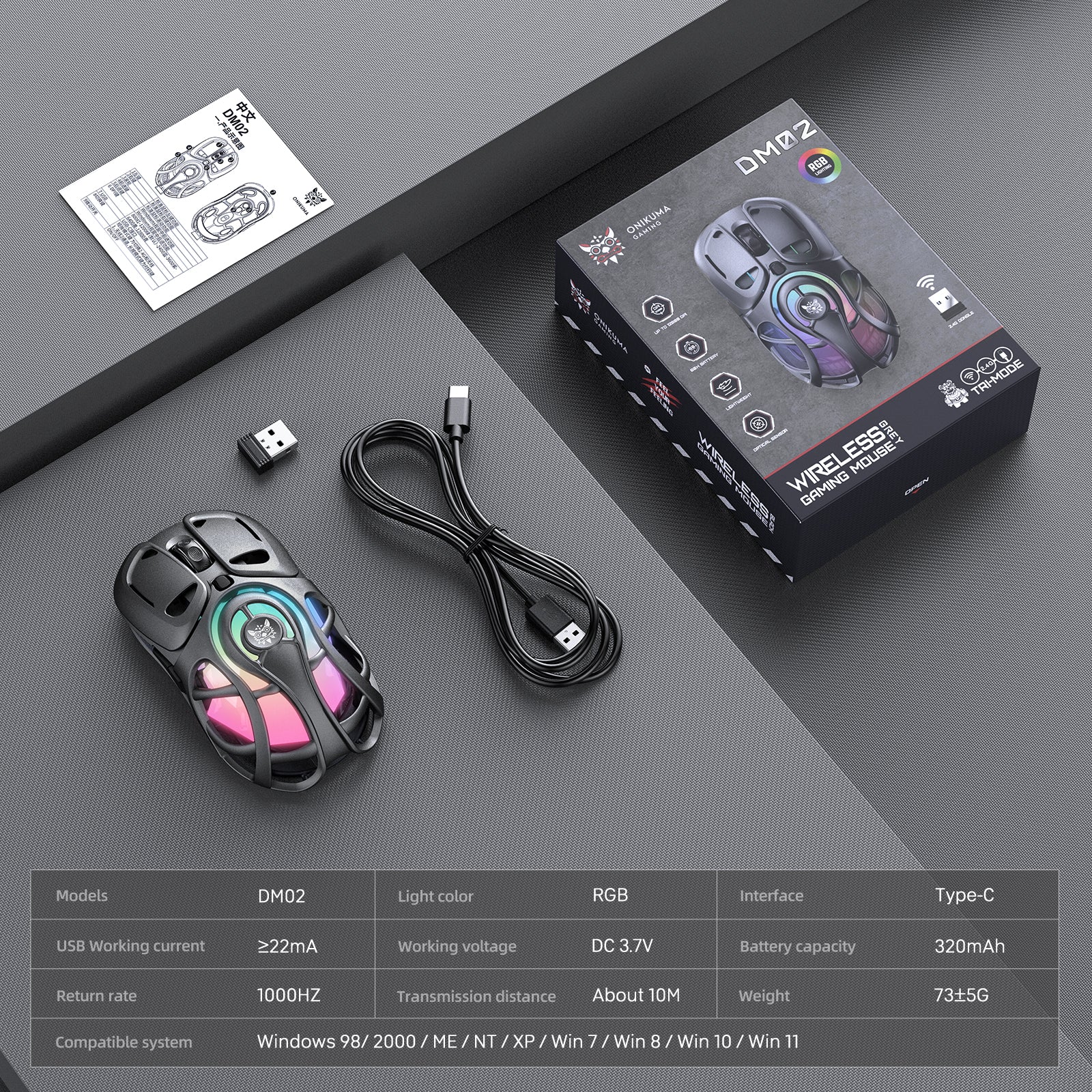 ONIKUMA DM02 Tri-Mode RGB Gaming Mouse - Lightweight Honeycomb Shell, 1000Hz Polling Rate & 6-Level DPI - Image 14