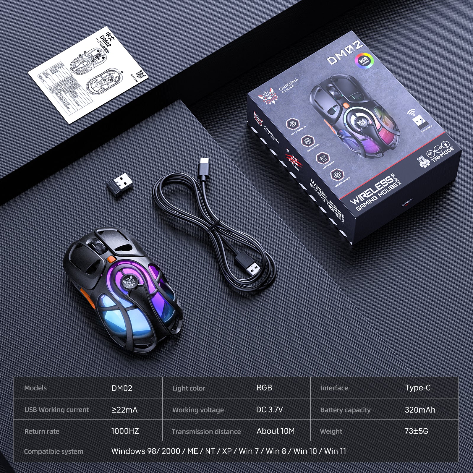 ONIKUMA DM02 Tri-Mode RGB Gaming Mouse - Lightweight Honeycomb Shell, 1000Hz Polling Rate & 6-Level DPI - Image 7