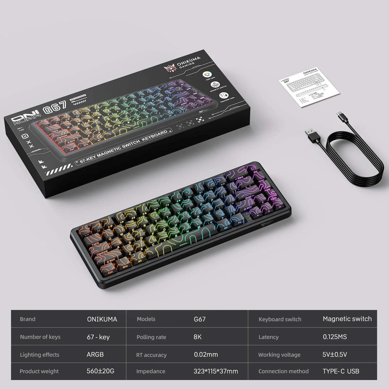 ONIKUMA G67 Rapid Trigger Keyboard 60% Percent, Hall Effect Topographic Gaming Keyboard, Wired RGB Custom Mechanical Key Board with Magnetic Switch - Image 7