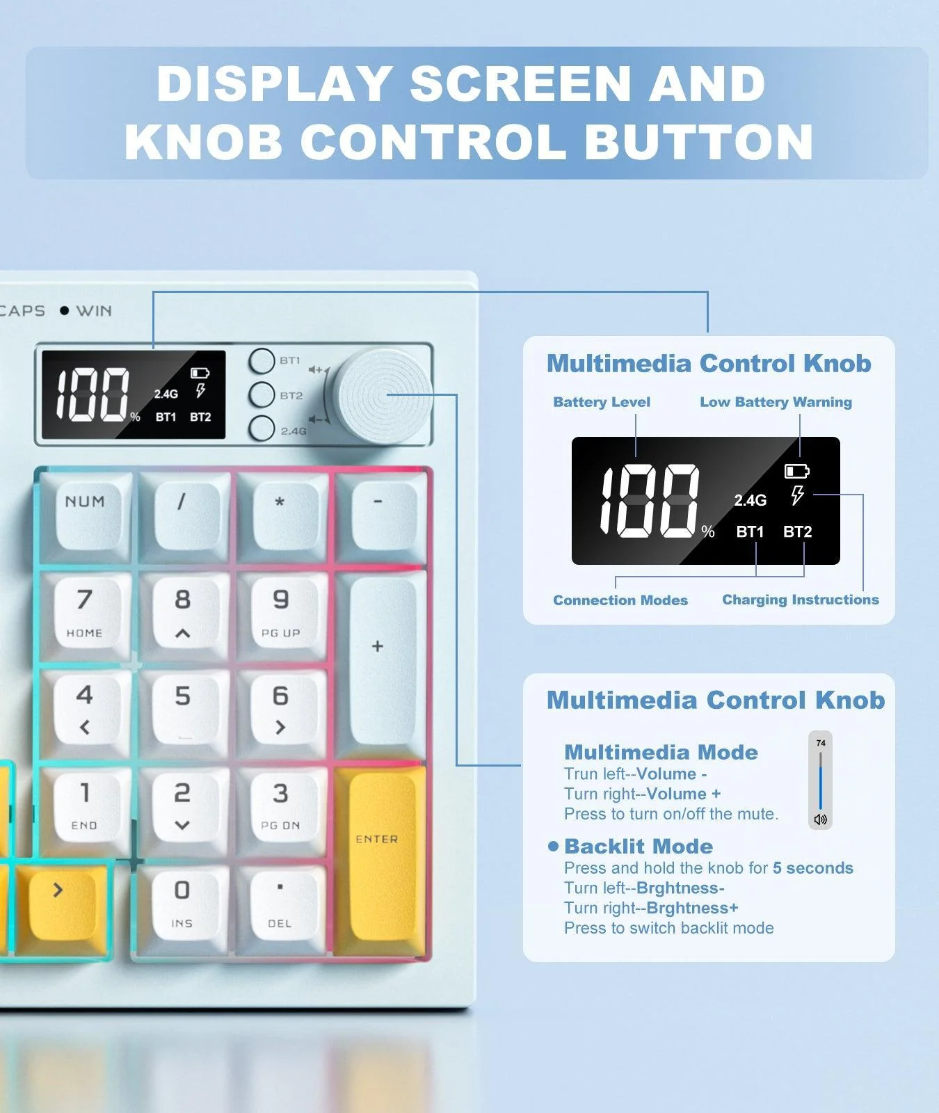ONIKUMA G80 94 Keys Wireless Keyboard with LCD Screen & Multifunction Knob:3-Mode Connectivity (BT/2.4G/USB-C) - Image 3