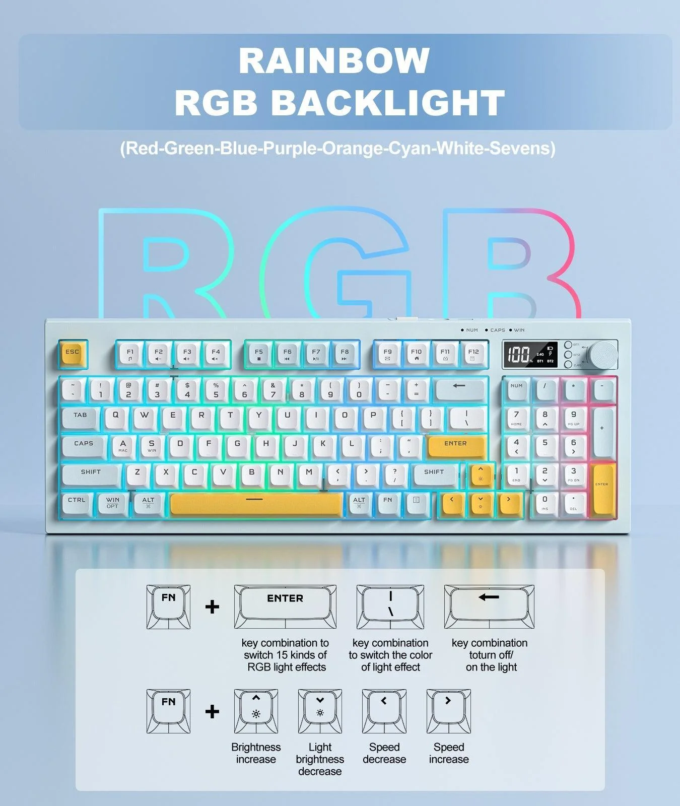 ONIKUMA G80 94 Keys Wireless Keyboard with LCD Screen & Multifunction Knob:3-Mode Connectivity (BT/2.4G/USB-C) - Image 4