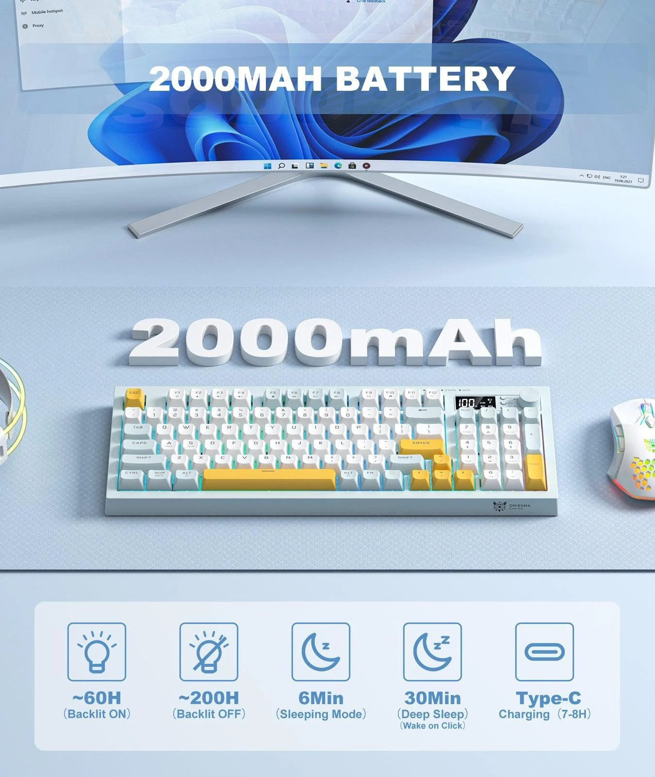 ONIKUMA G80 94 Keys Wireless Keyboard with LCD Screen & Multifunction Knob:3-Mode Connectivity (BT/2.4G/USB-C) - Image 5