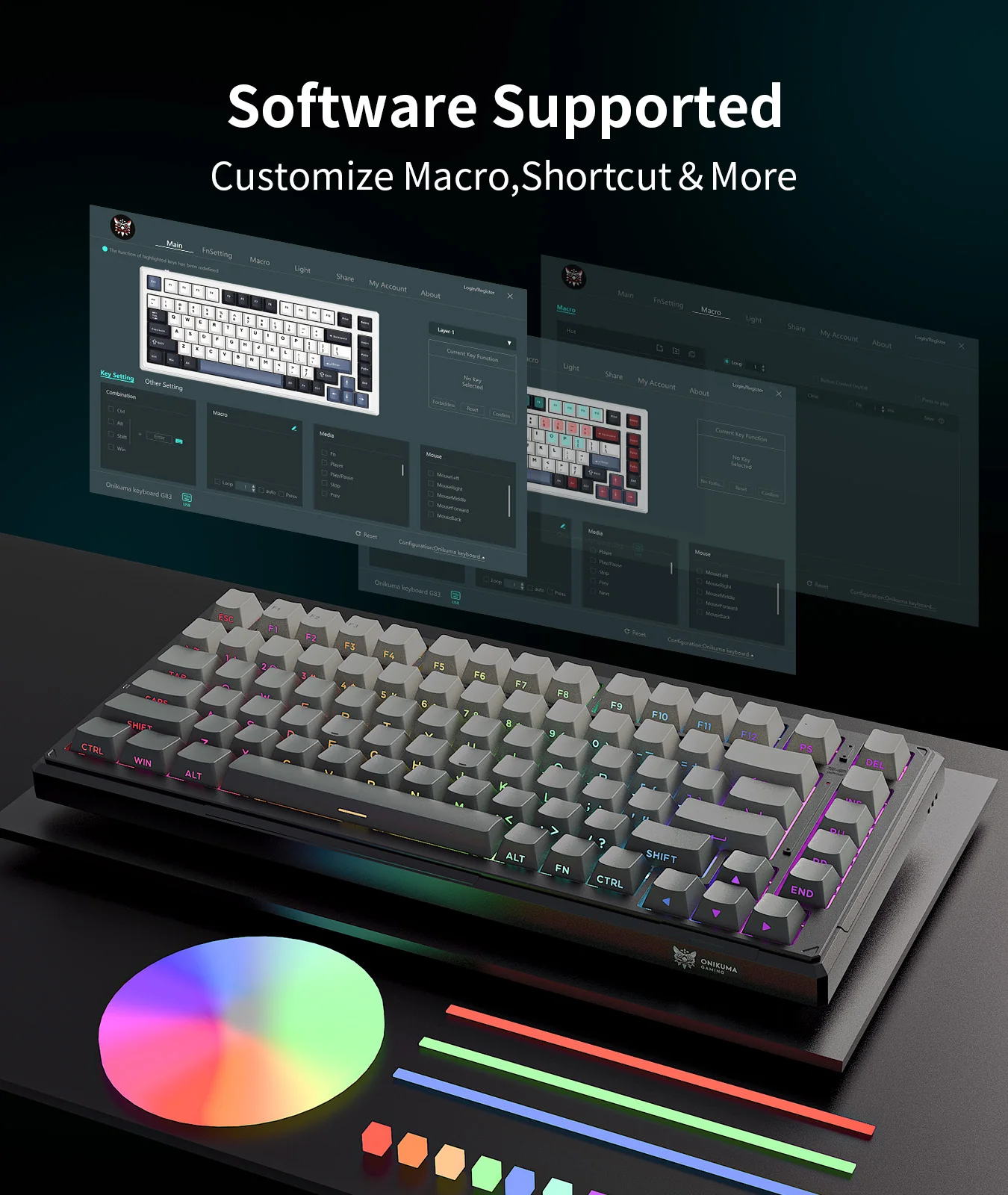 ONIKUMA GAMING 83-Key(75%) Tri-Mode Wireless Mechanical Keyboard - 8000mAh Battery, Hot-Swappable Switches, 5-Layer Gasket Mount, RGB Backlit, Side-Printed PBT Keycaps (Black Gray) - Image 3
