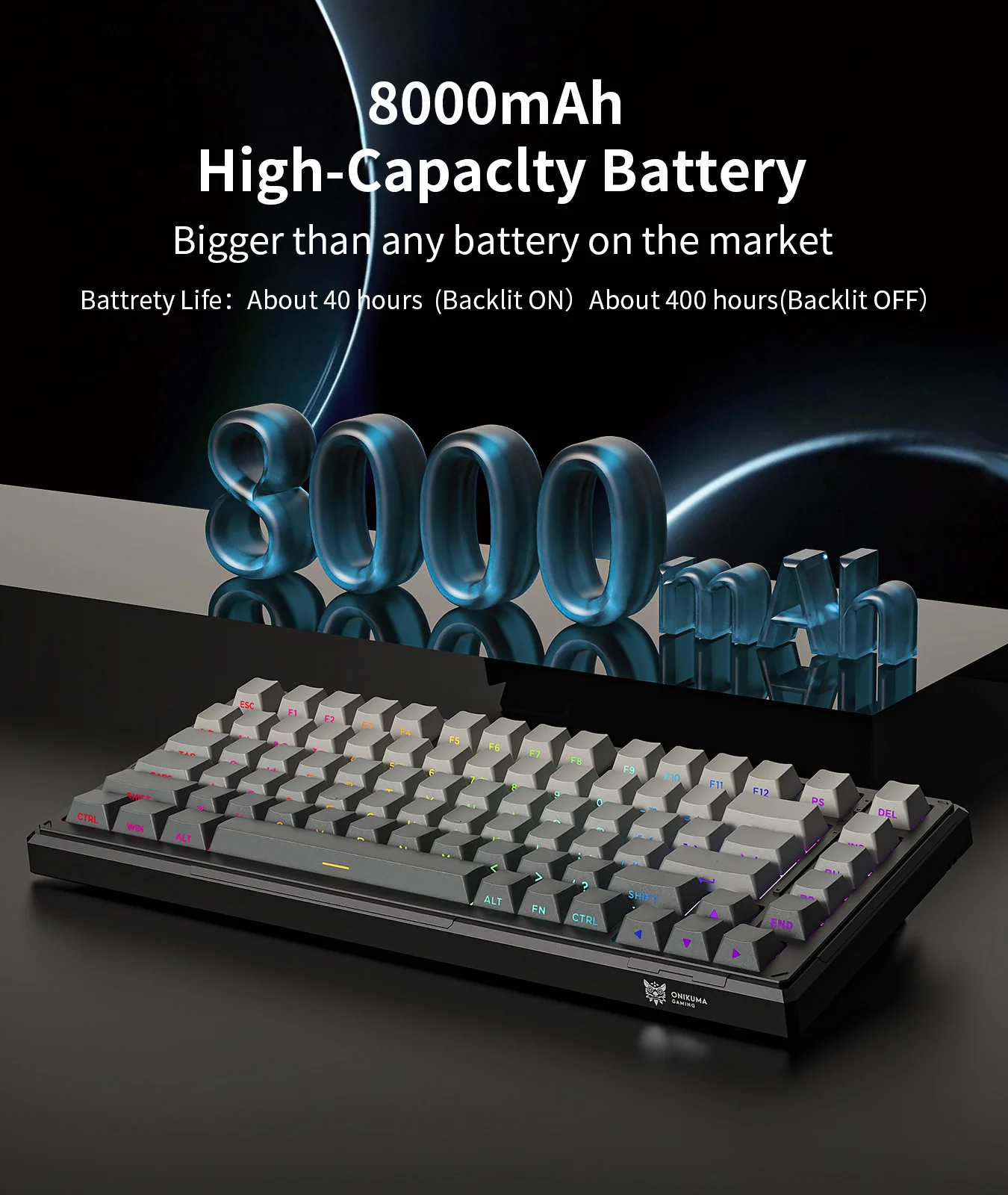 ONIKUMA GAMING 83-Key(75%) Tri-Mode Wireless Mechanical Keyboard - 8000mAh Battery, Hot-Swappable Switches, 5-Layer Gasket Mount, RGB Backlit, Side-Printed PBT Keycaps (Black Gray) - Image 4