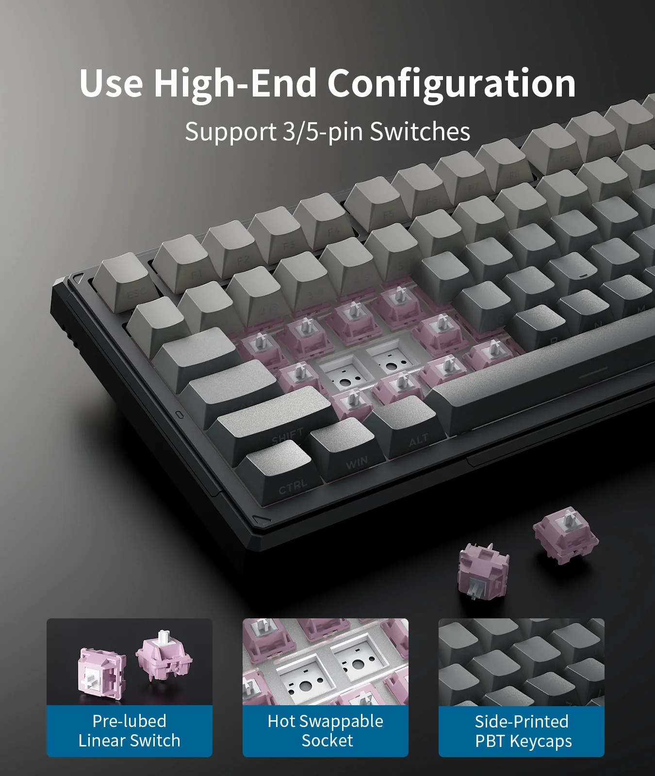 ONIKUMA GAMING 83-Key(75%) Tri-Mode Wireless Mechanical Keyboard - 8000mAh Battery, Hot-Swappable Switches, 5-Layer Gasket Mount, RGB Backlit, Side-Printed PBT Keycaps (Black Gray) - Image 5