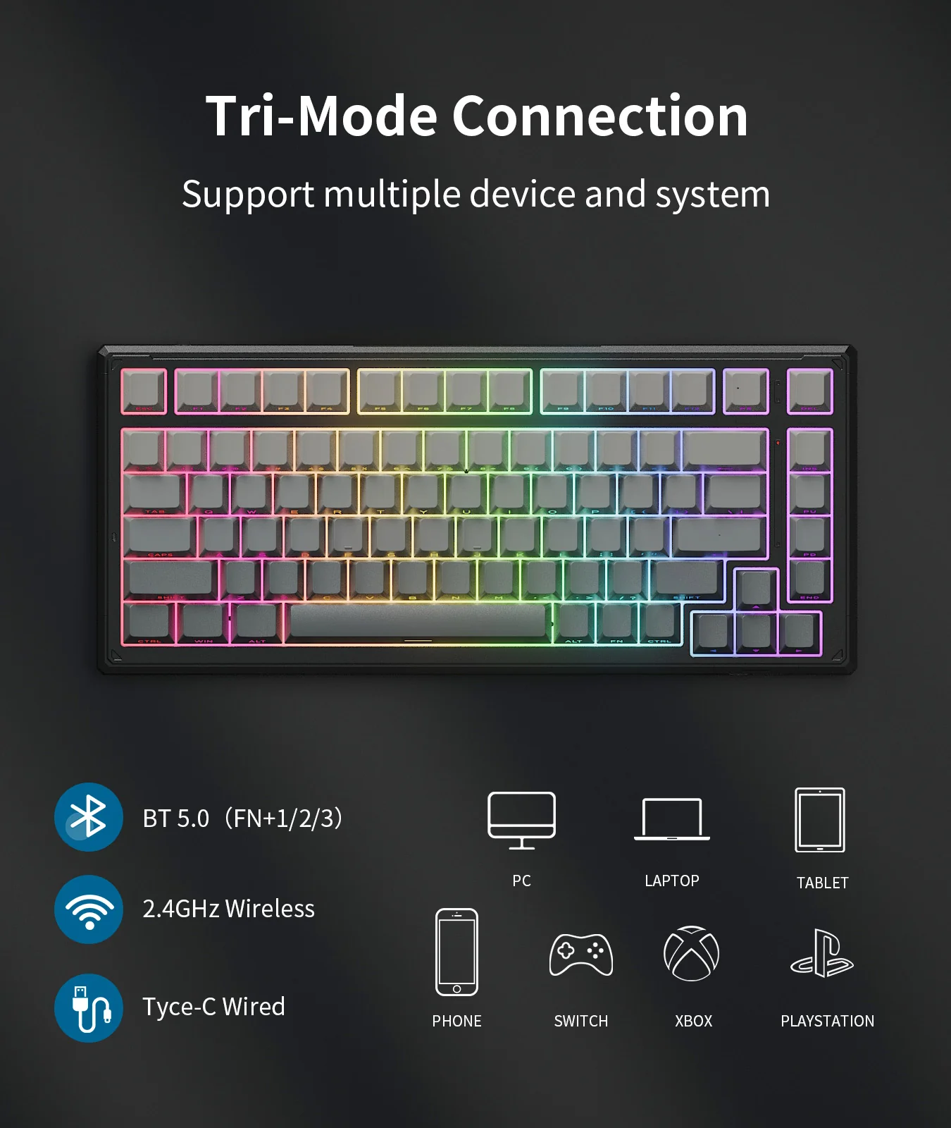 ONIKUMA GAMING 83-Key(75%) Tri-Mode Wireless Mechanical Keyboard - 8000mAh Battery, Hot-Swappable Switches, 5-Layer Gasket Mount, RGB Backlit, Side-Printed PBT Keycaps (Black Gray) - Image 6