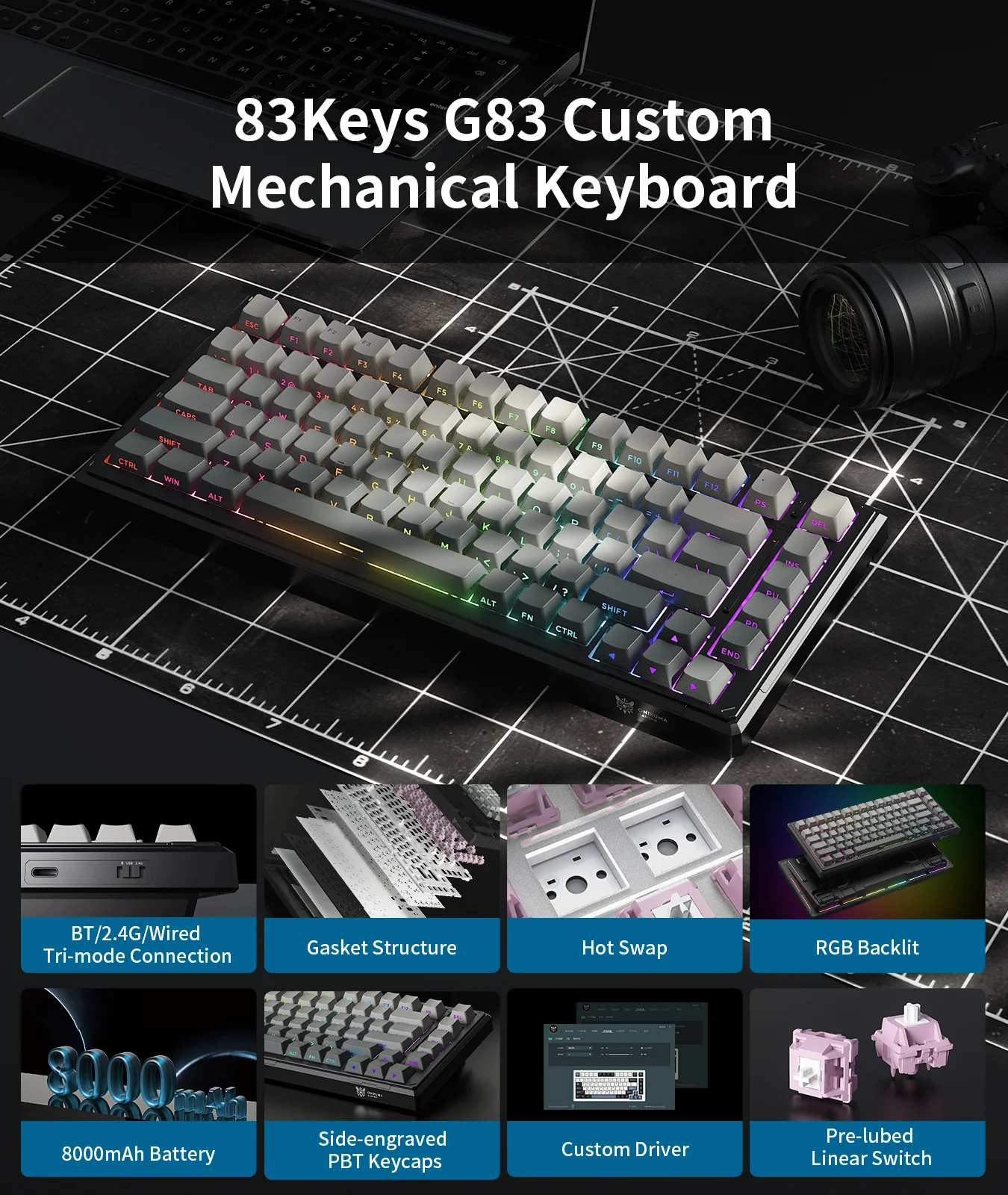 ONIKUMA GAMING 83-Key(75%) Tri-Mode Wireless Mechanical Keyboard - 8000mAh Battery, Hot-Swappable Switches, 5-Layer Gasket Mount, RGB Backlit, Side-Printed PBT Keycaps (Black Gray) - Image 8