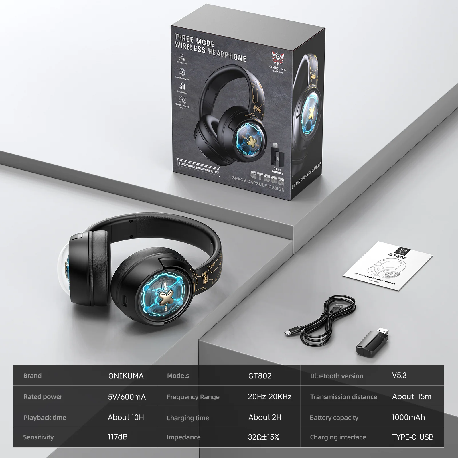 ONIKUMA GT802 Tri-Mode Gaming Headset – 2.4GHz/Bluetooth/Wired, RGB Lights, 1000mAh Battery - Image 15