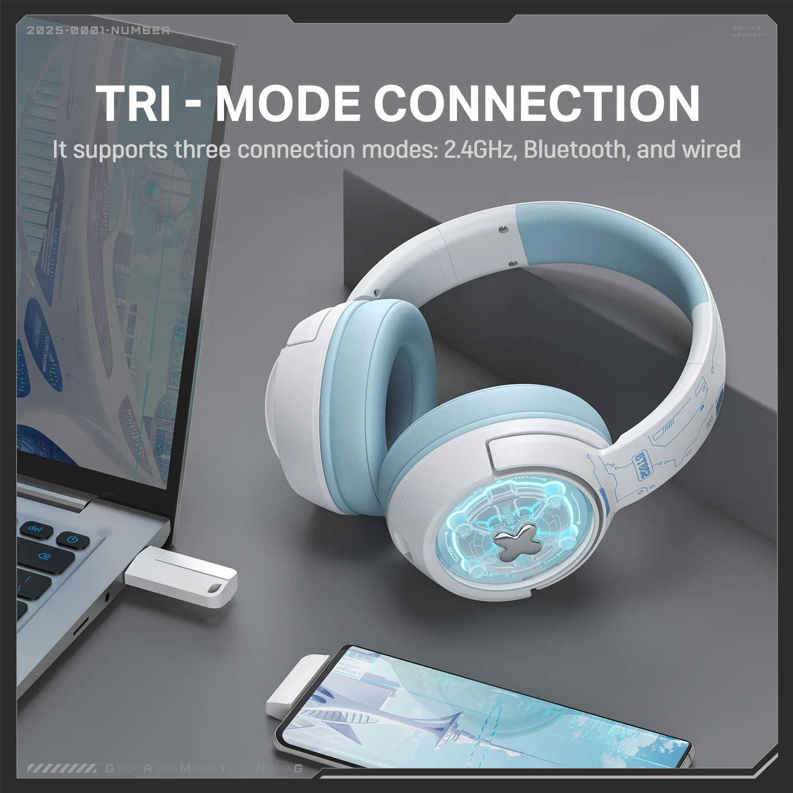 ONIKUMA GT802 Tri-Mode Gaming Headset – 2.4GHz/Bluetooth/Wired, RGB Lights, 1000mAh Battery - Image 2