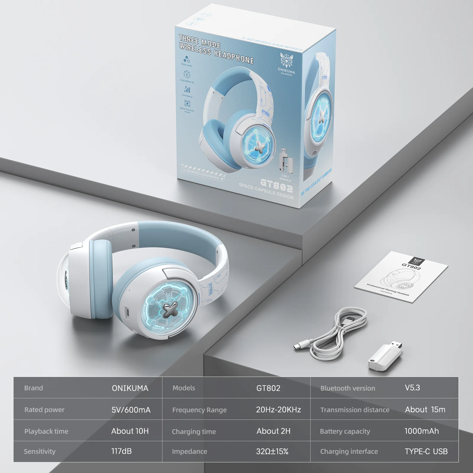 ONIKUMA GT802 Tri-Mode Gaming Headset – 2.4GHz/Bluetooth/Wired, RGB Lights, 1000mAh Battery - Image 7