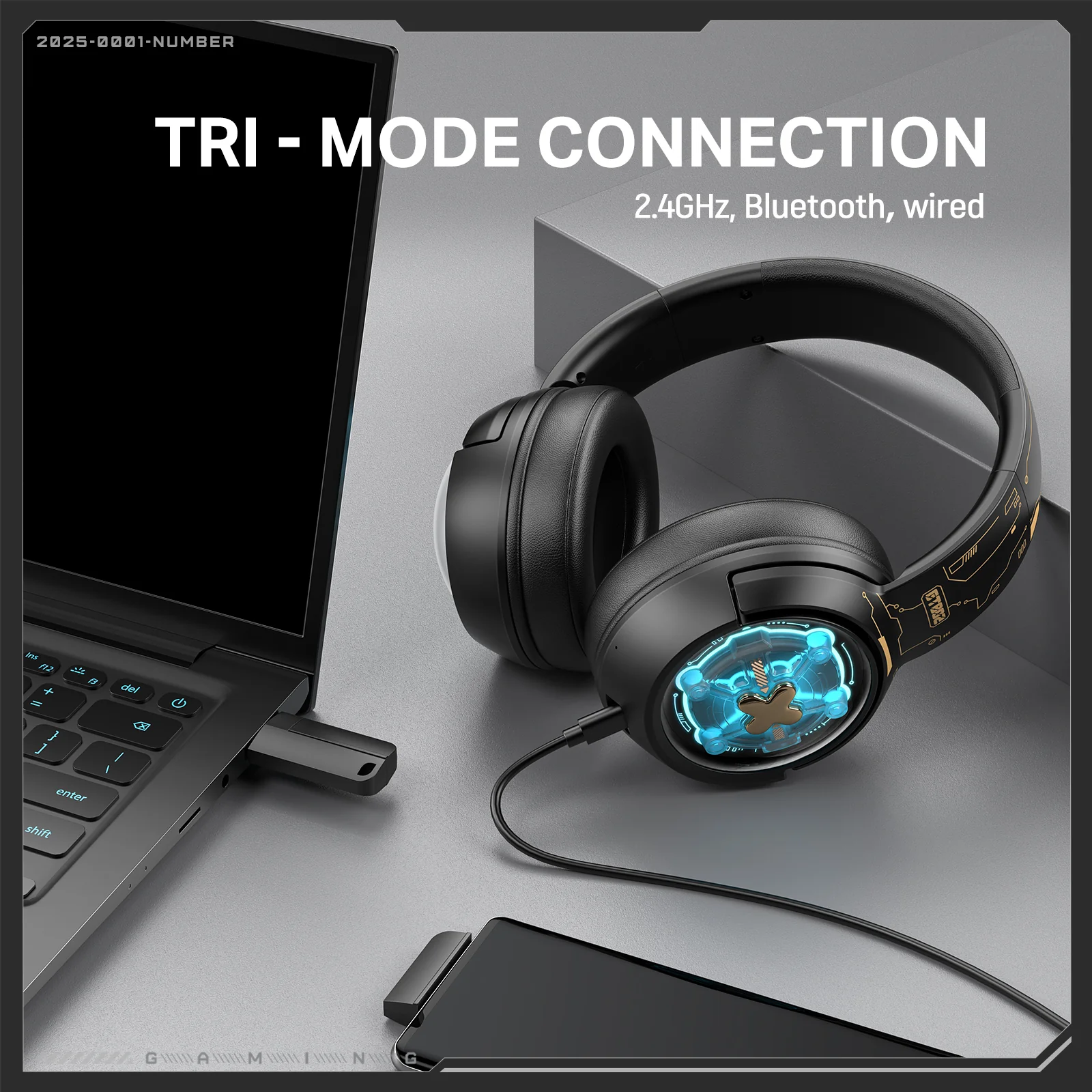 ONIKUMA GT802 Tri-Mode Gaming Headset – 2.4GHz/Bluetooth/Wired, RGB Lights, 1000mAh Battery - Image 9