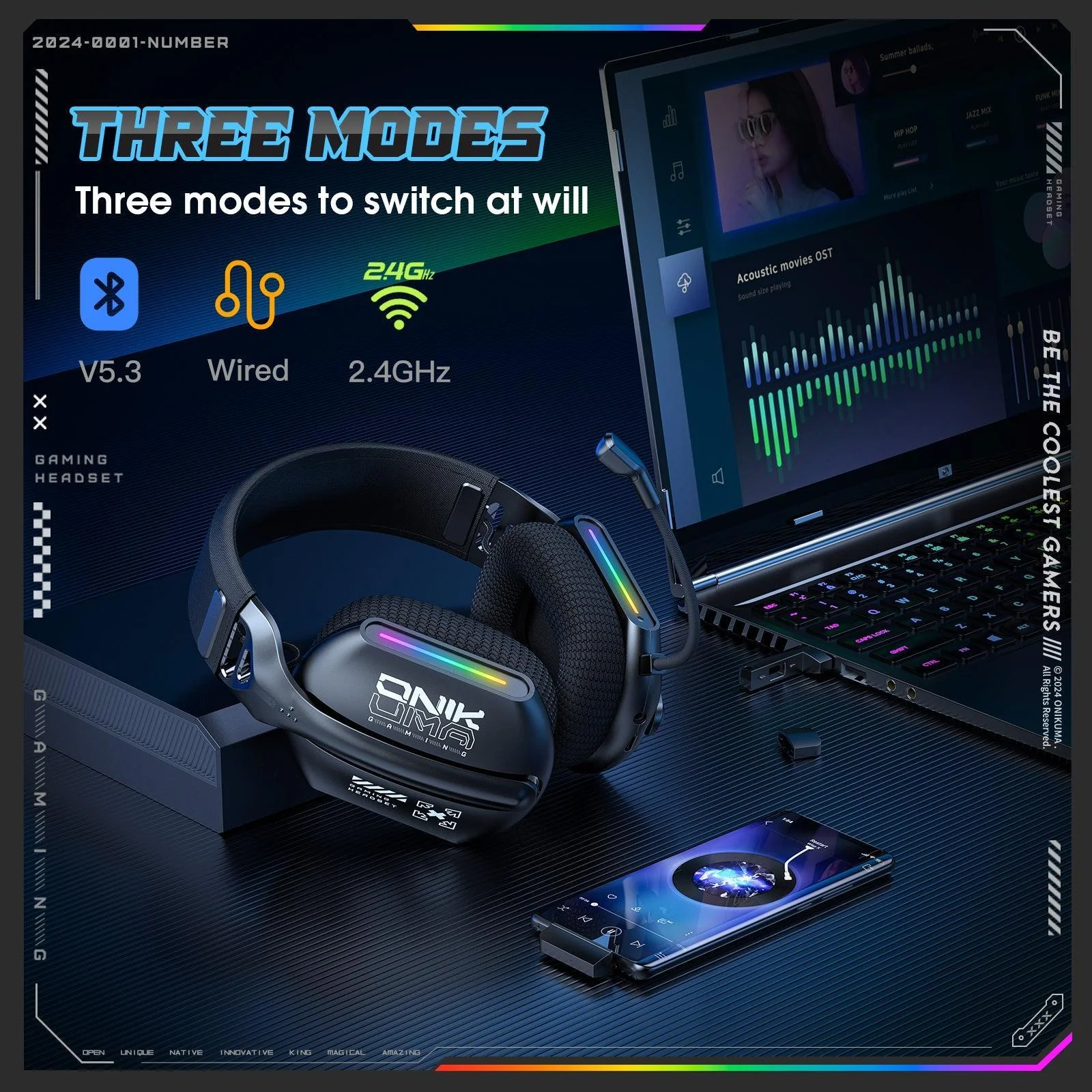 ONIKUMA GT808 Gaming Headset Headworn Bluetooth 2.4g Wired Wireless Lightweight E-Sports Gamer Headphone - Image 5