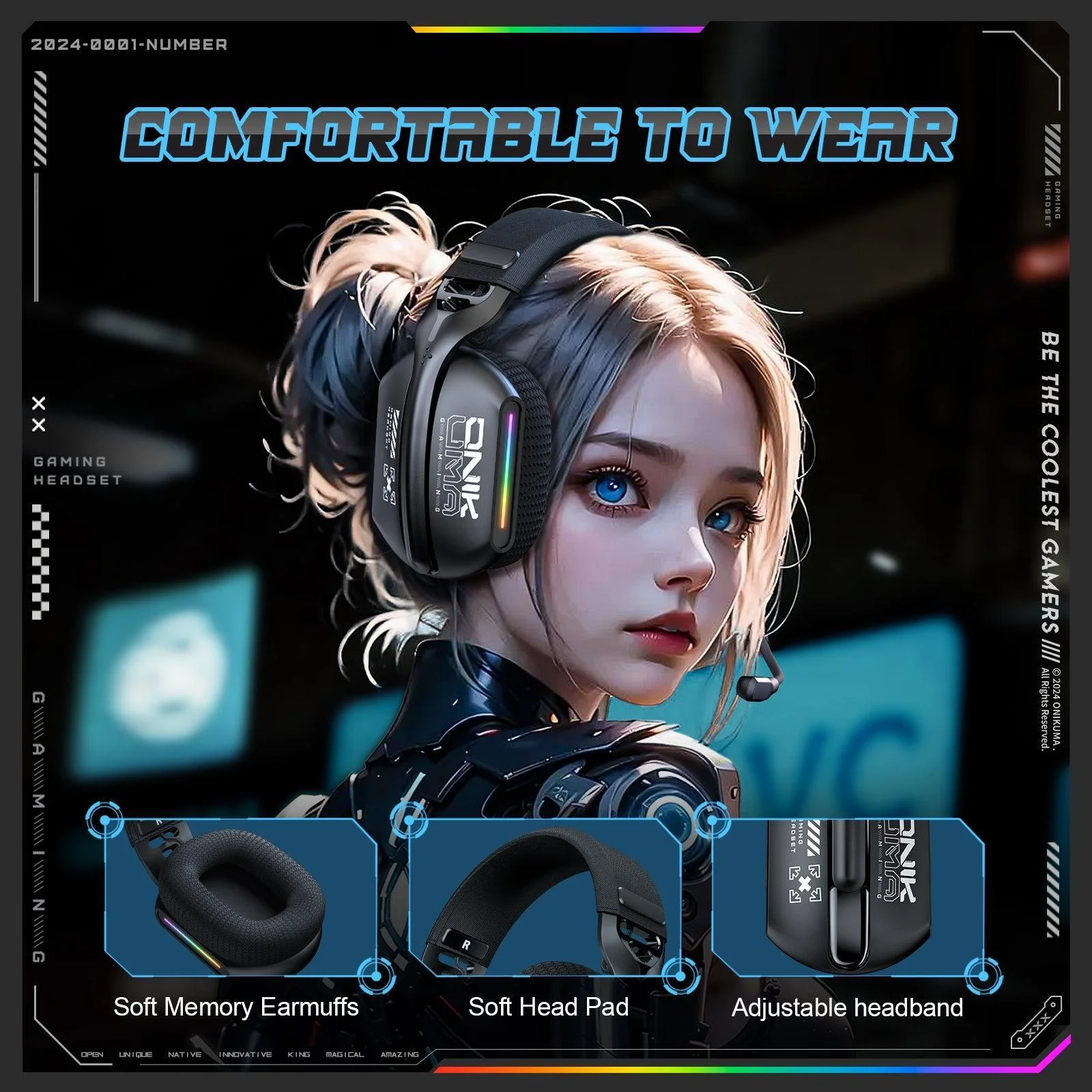 ONIKUMA GT808 Gaming Headset Headworn Bluetooth 2.4g Wired Wireless Lightweight E-Sports Gamer Headphone - Image 6