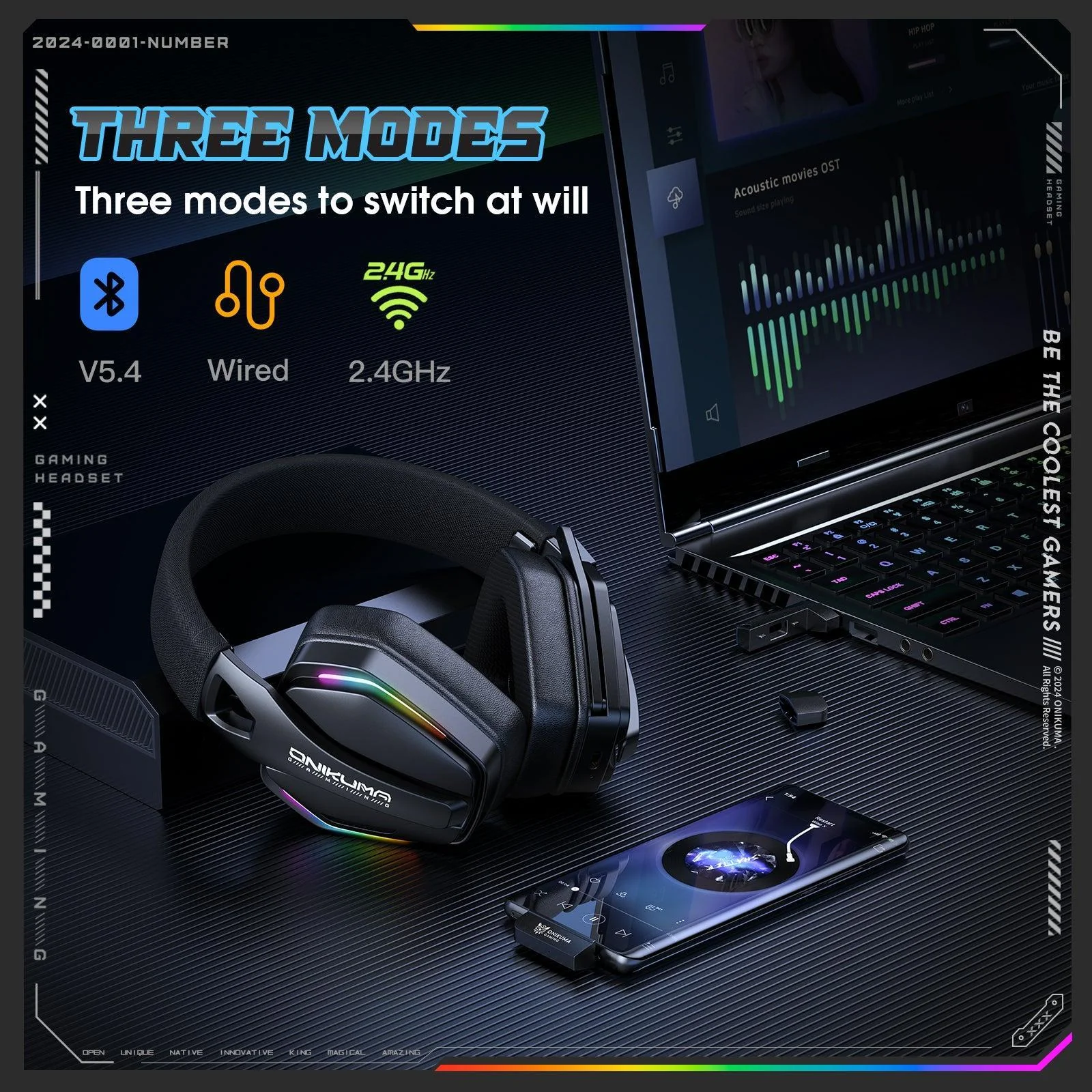 ONIKUMA GT826 Gaming Headset Headworn Bluetooth 2.4GHz Wired Wirelss three modes Lightweight Headphone - Image 5