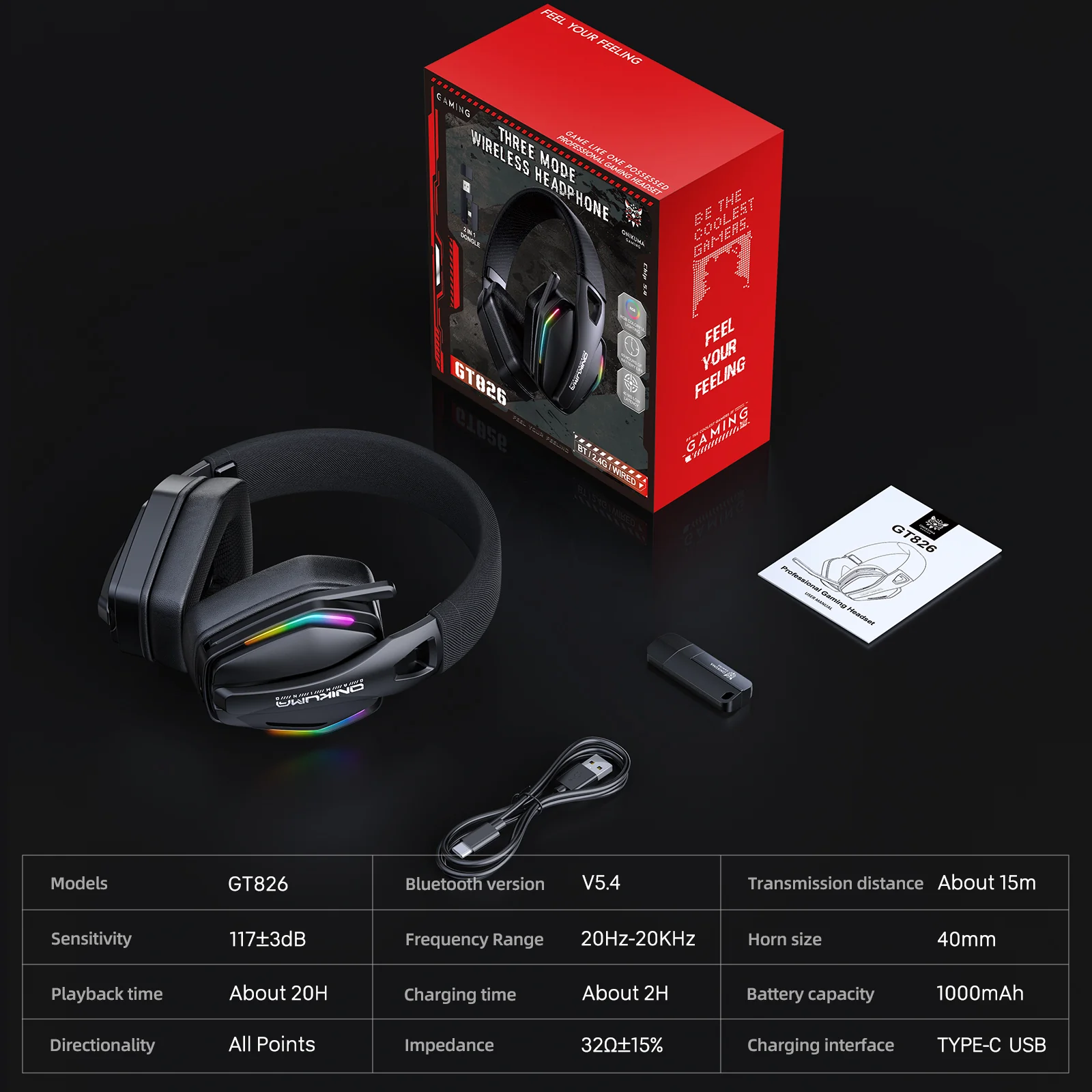 ONIKUMA GT826 Gaming Headset Headworn Bluetooth 2.4GHz Wired Wirelss three modes Lightweight Headphone - Image 7