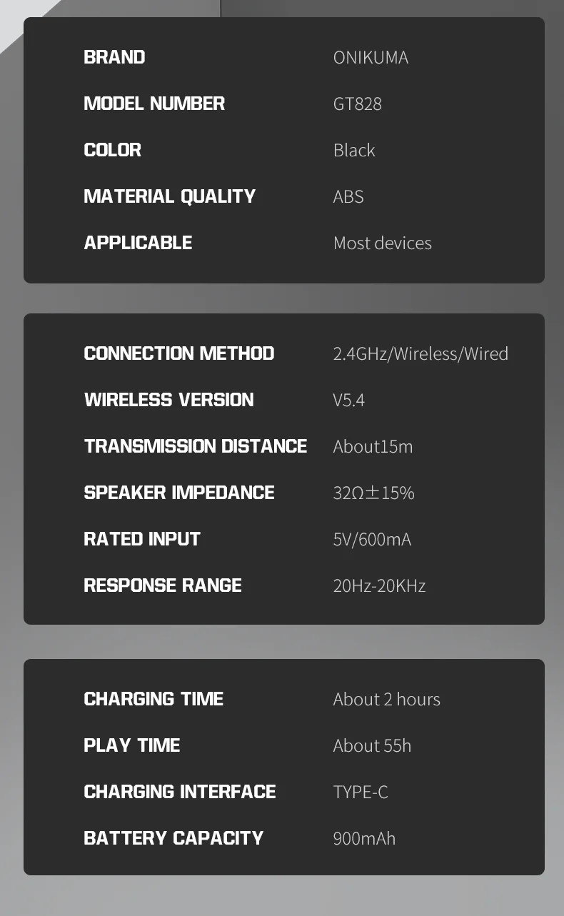 ONIKUMA GT828 Multi-Mode Gaming Headset – 45H Playback, Bluetooth 5.4/Wired/2.4GHz, Memory Foam Comfort - Image 10