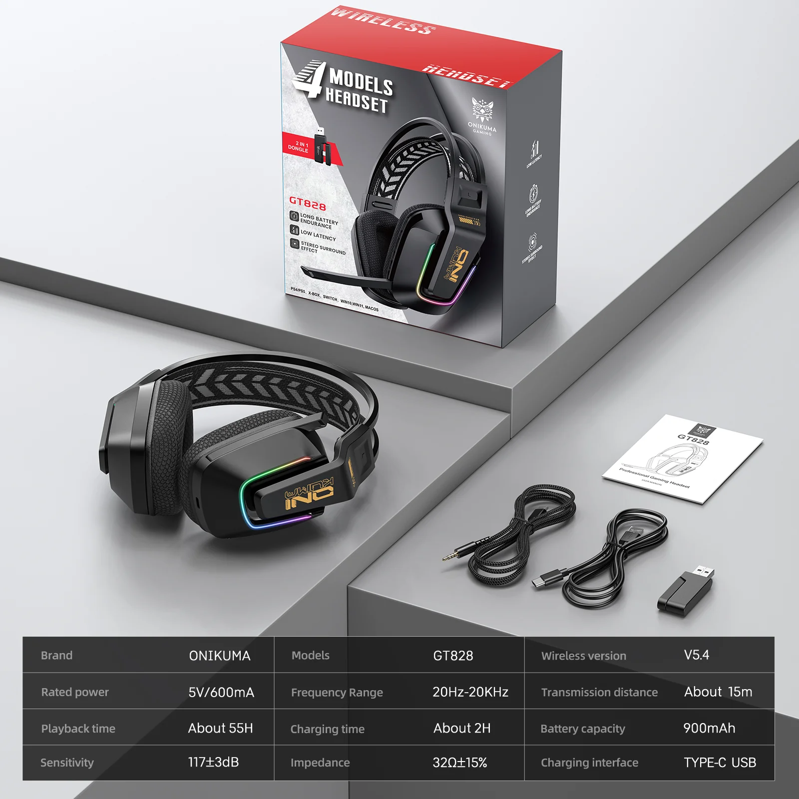ONIKUMA GT828 Multi-Mode Gaming Headset – 45H Playback, Bluetooth 5.4/Wired/2.4GHz, Memory Foam Comfort - Image 7