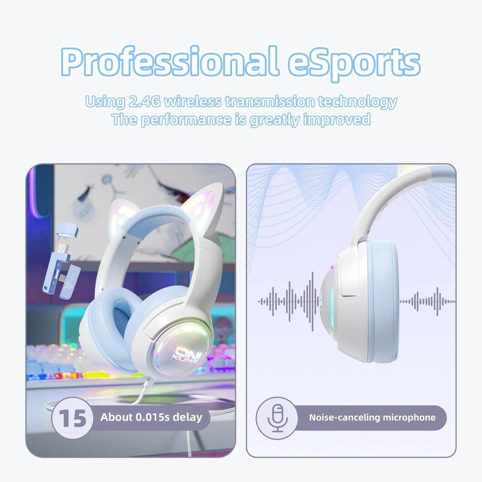 ONIKUMA GT838 Gaming Headset Muli-device Compatible 2.4G/Wireless/USB/Type-C HD Built-in Microphone Cat Ear with RGB - Image 11