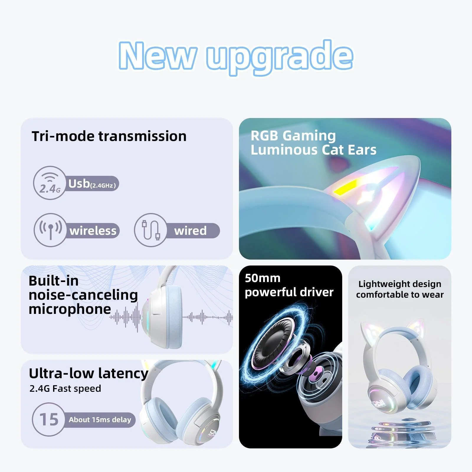 ONIKUMA GT838 Gaming Headset Muli-device Compatible 2.4G/Wireless/USB/Type-C HD Built-in Microphone Cat Ear with RGB - Image 13