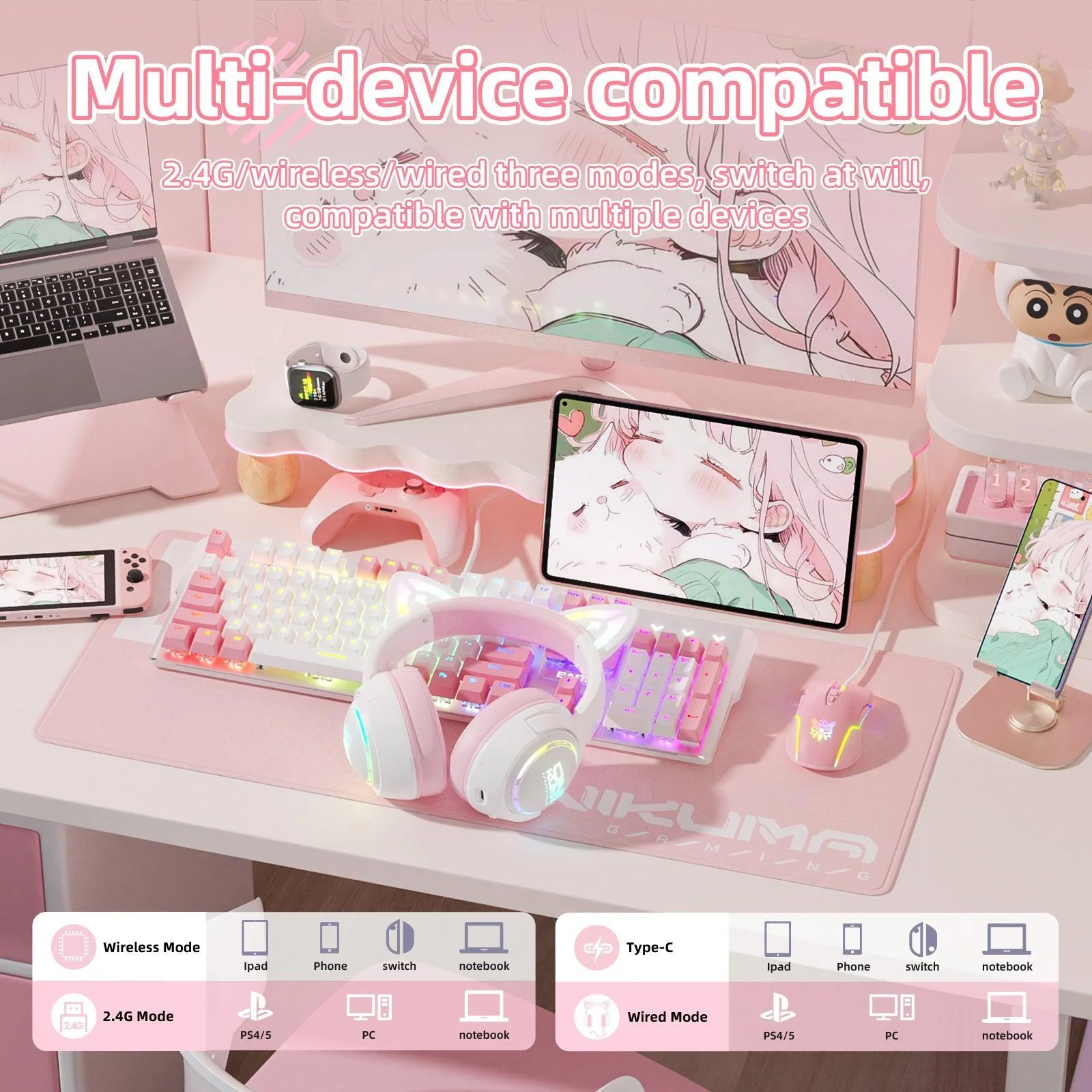 ONIKUMA GT838 Gaming Headset Muli-device Compatible 2.4G/Wireless/USB/Type-C HD Built-in Microphone Cat Ear with RGB - Image 2