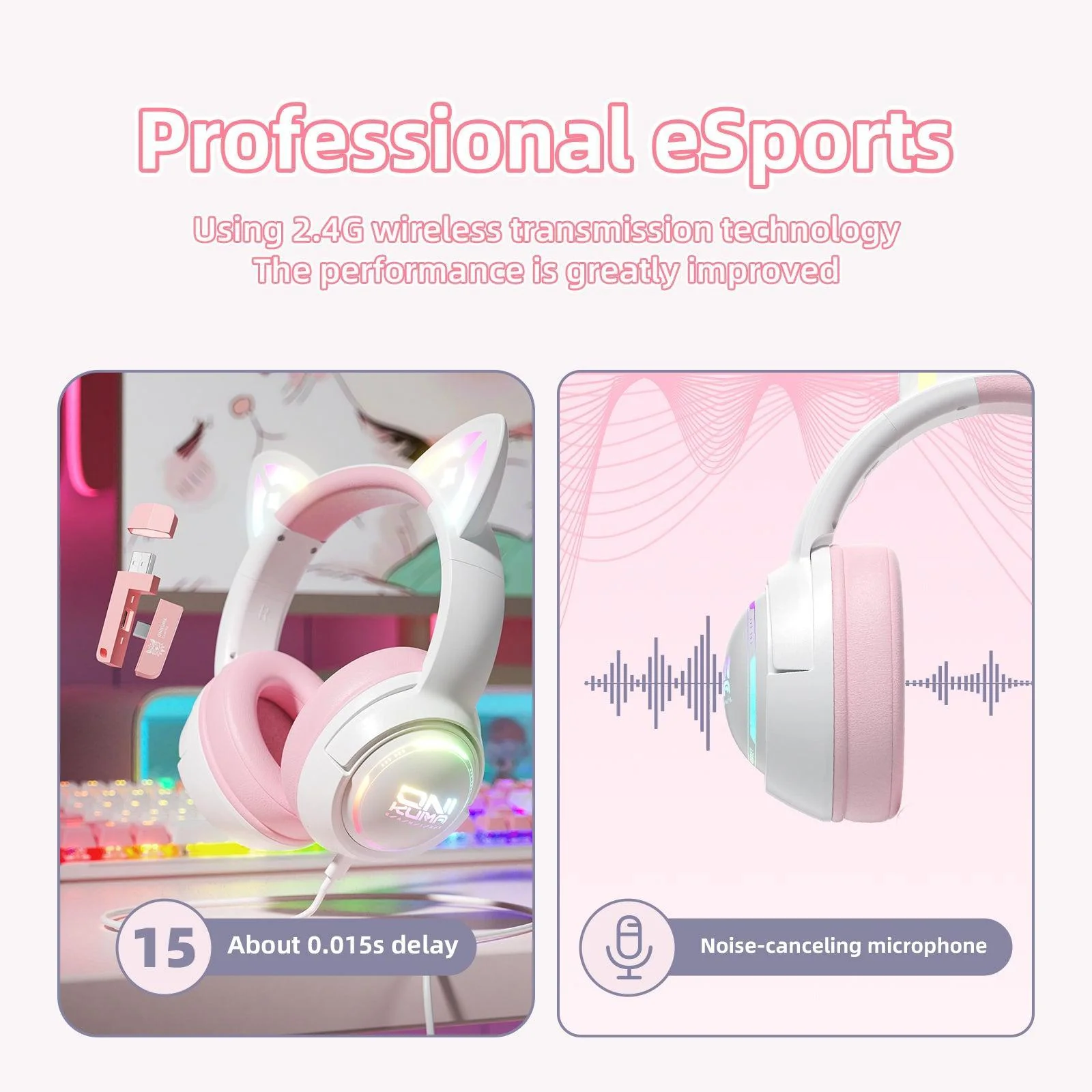 ONIKUMA GT838 Gaming Headset Muli-device Compatible 2.4G/Wireless/USB/Type-C HD Built-in Microphone Cat Ear with RGB - Image 3