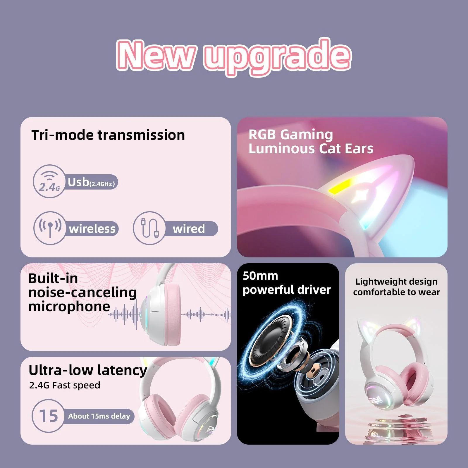 ONIKUMA GT838 Gaming Headset Muli-device Compatible 2.4G/Wireless/USB/Type-C HD Built-in Microphone Cat Ear with RGB - Image 5