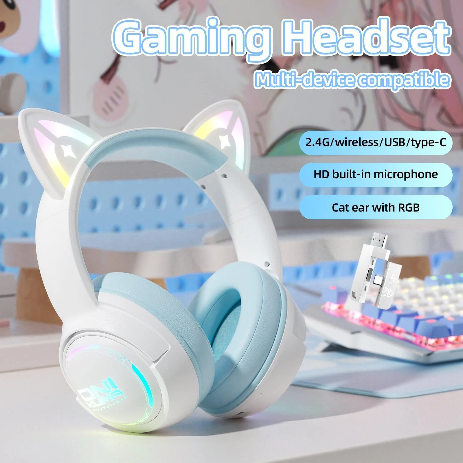 ONIKUMA GT838 Gaming Headset Muli-device Compatible 2.4G/Wireless/USB/Type-C HD Built-in Microphone Cat Ear with RGB - Image 9