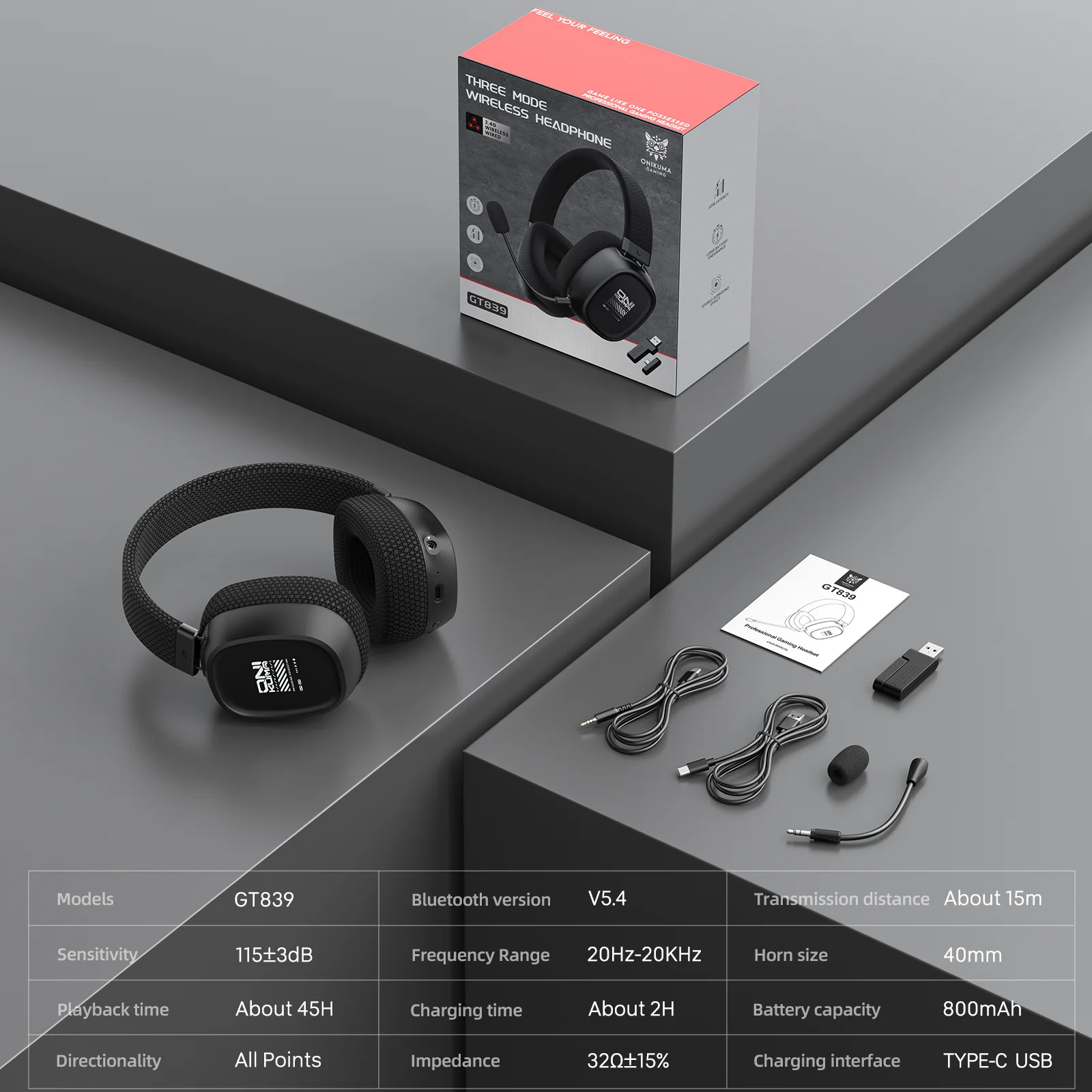 ONIKUMA GT839 Multi-Mode Gaming Headset – 45H Playback, Bluetooth 5.4/Wired/2.4GHz, Memory Foam Comfort - Image 8