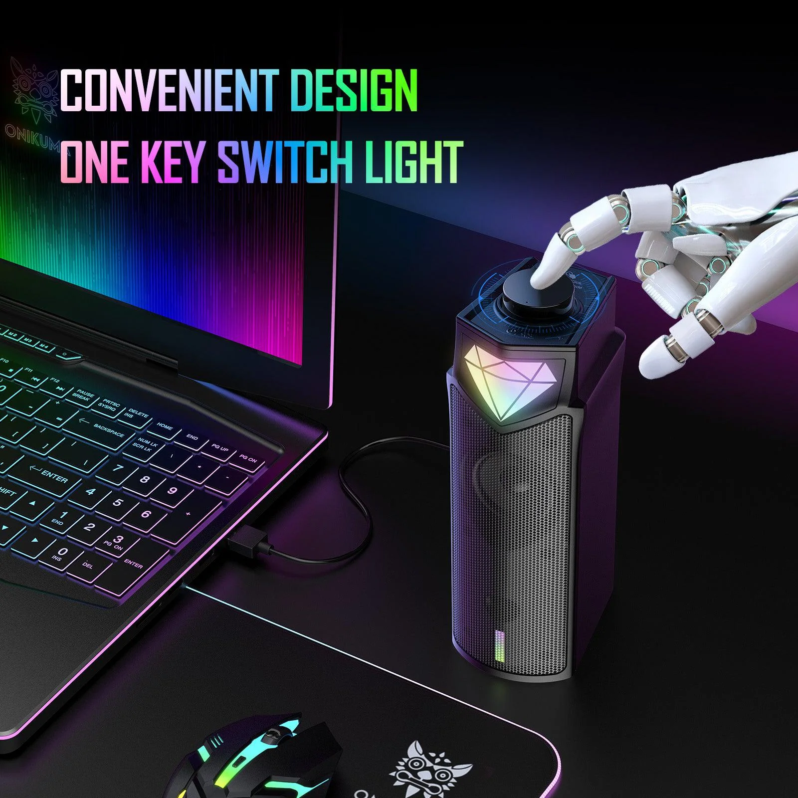 ONIKUMA L1 RGB Computer Speaker, Portable Sound Box with Inside Microphone, Home Office Use with Clear Sound Black - Image 5