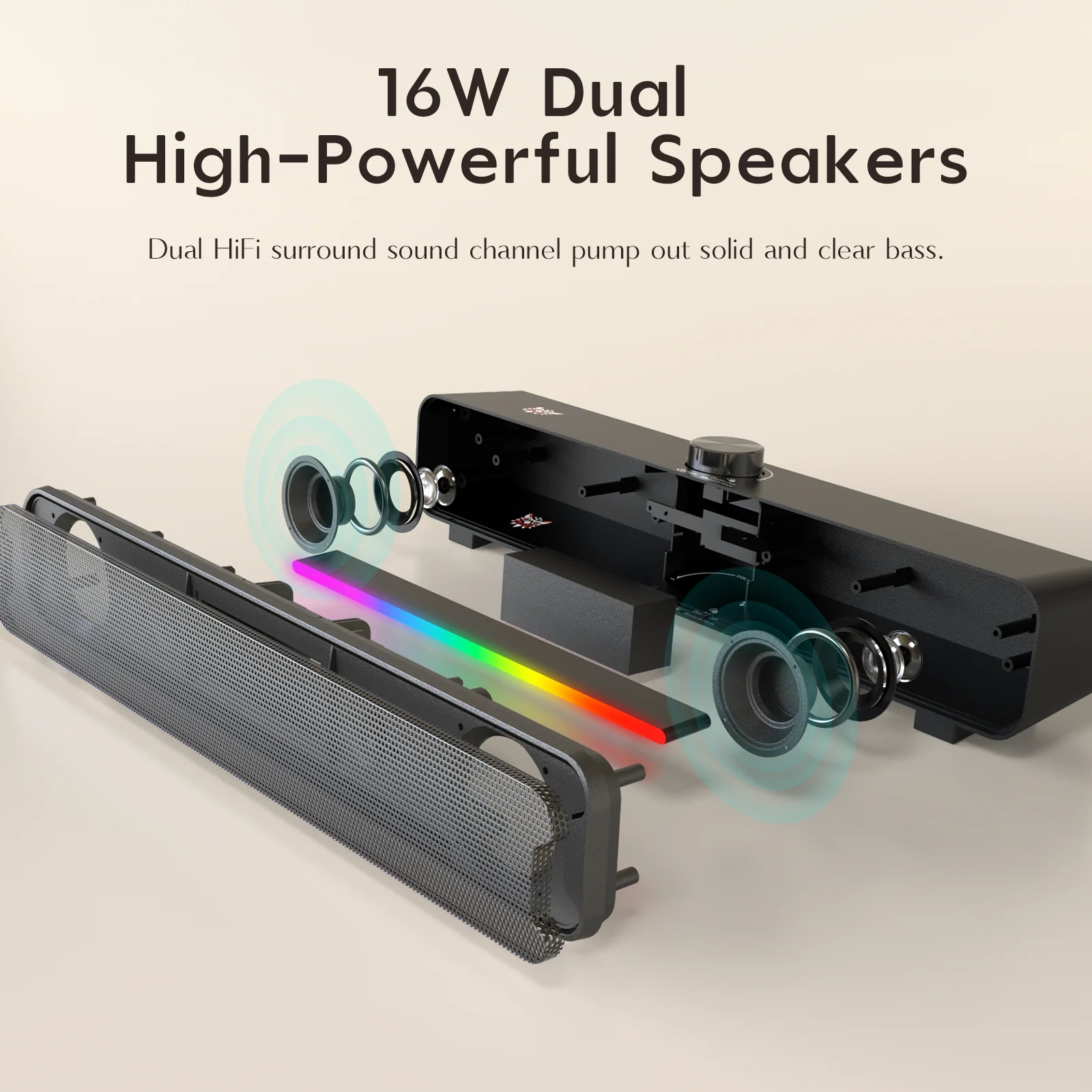 ONIKUMA L16 Bluetooth-compatible Speaker with RGB Light, Powerful Computer Speaker Portable Soundbar for TV Home Theater PC Gaming - Image 3