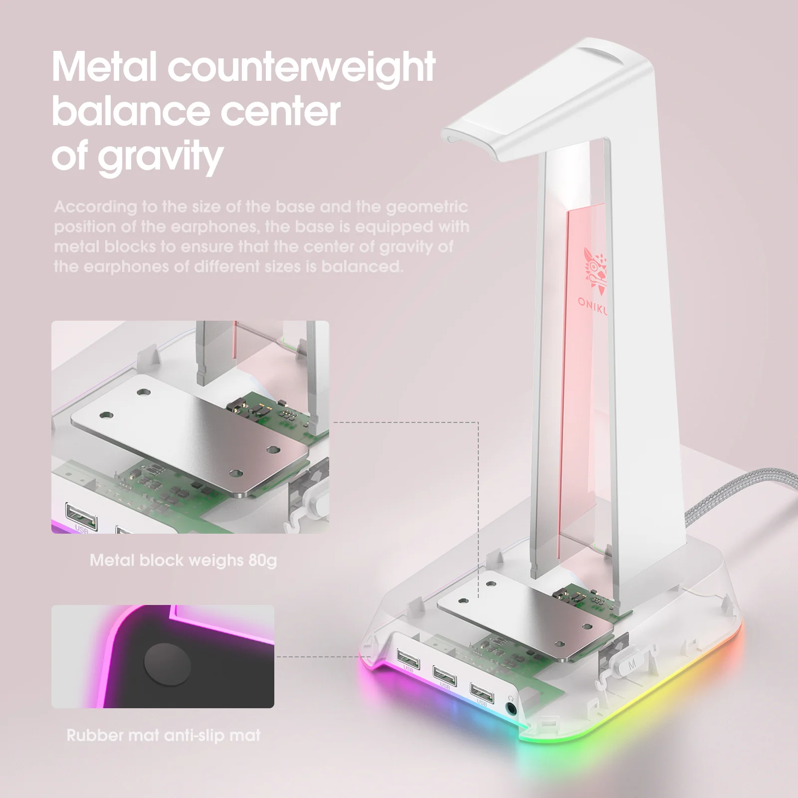 ONIKUMA ST2 RGB Gaming Headphone Stand with 3 USB and 3.5mm AUX Ports - Image 11