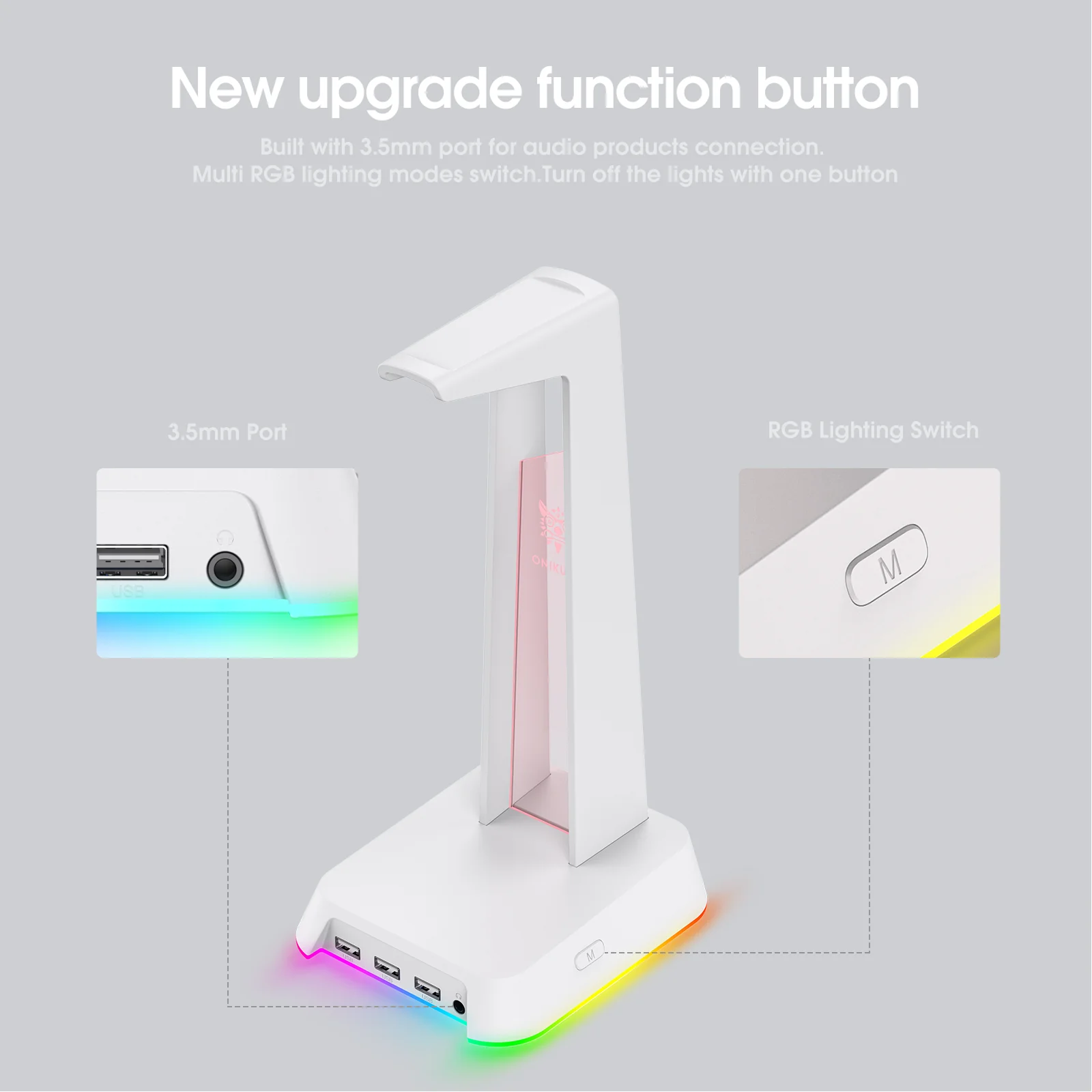 ONIKUMA ST2 RGB Gaming Headphone Stand with 3 USB and 3.5mm AUX Ports - Image 12