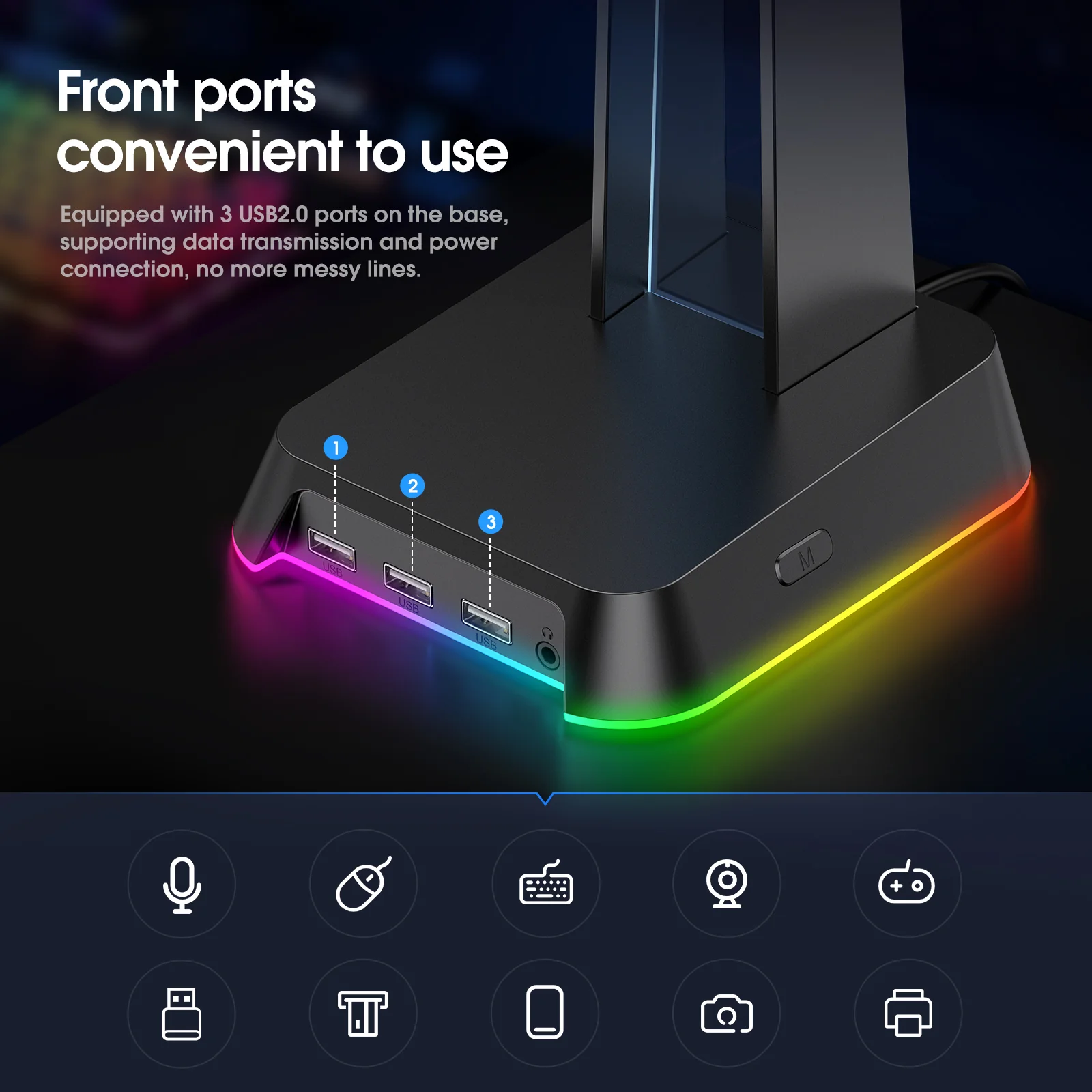 ONIKUMA ST2 RGB Gaming Headphone Stand with 3 USB and 3.5mm AUX Ports - Image 18