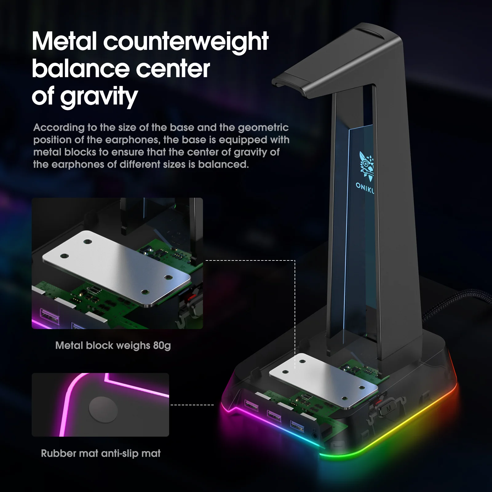 ONIKUMA ST2 RGB Gaming Headphone Stand with 3 USB and 3.5mm AUX Ports - Image 19