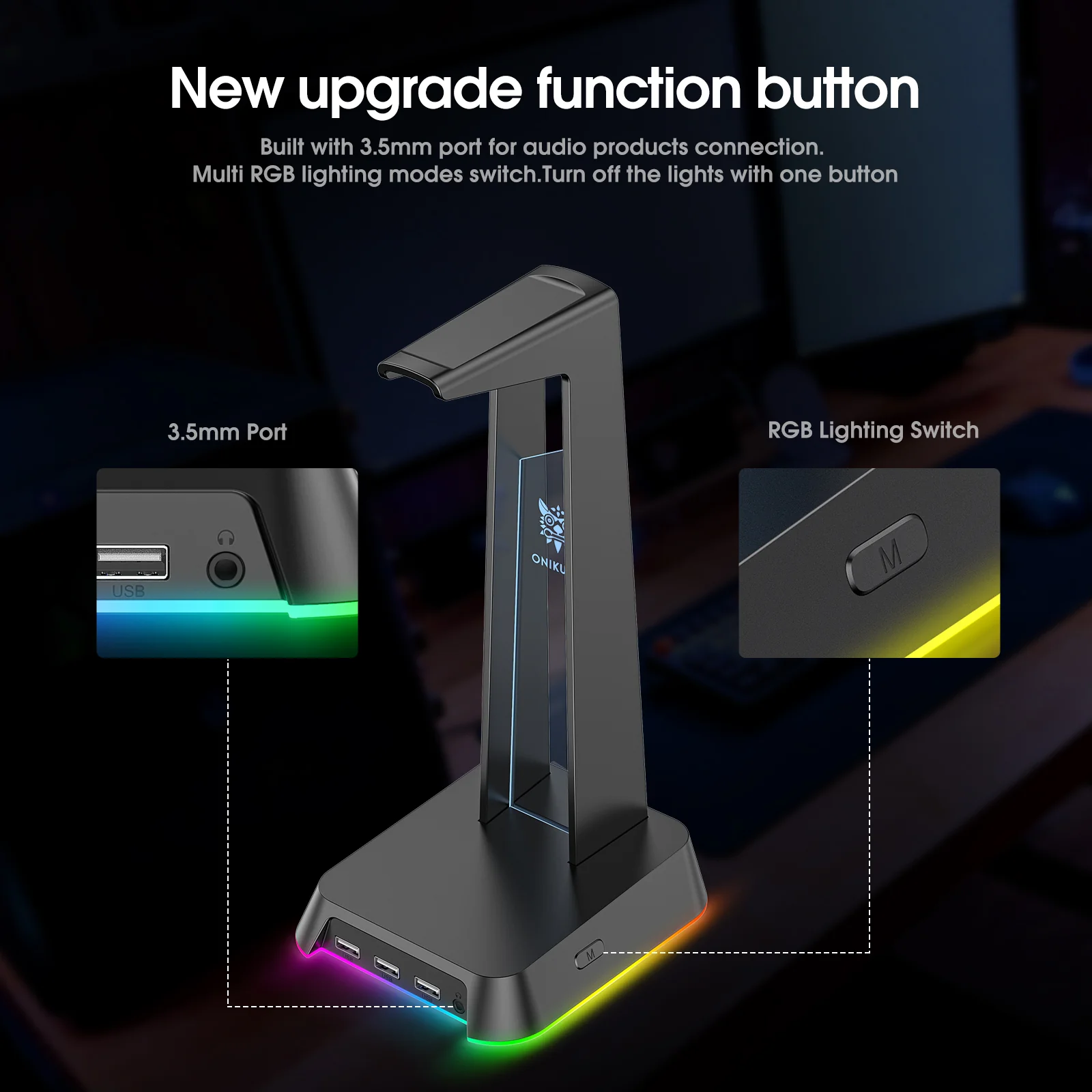 ONIKUMA ST2 RGB Gaming Headphone Stand with 3 USB and 3.5mm AUX Ports - Image 20